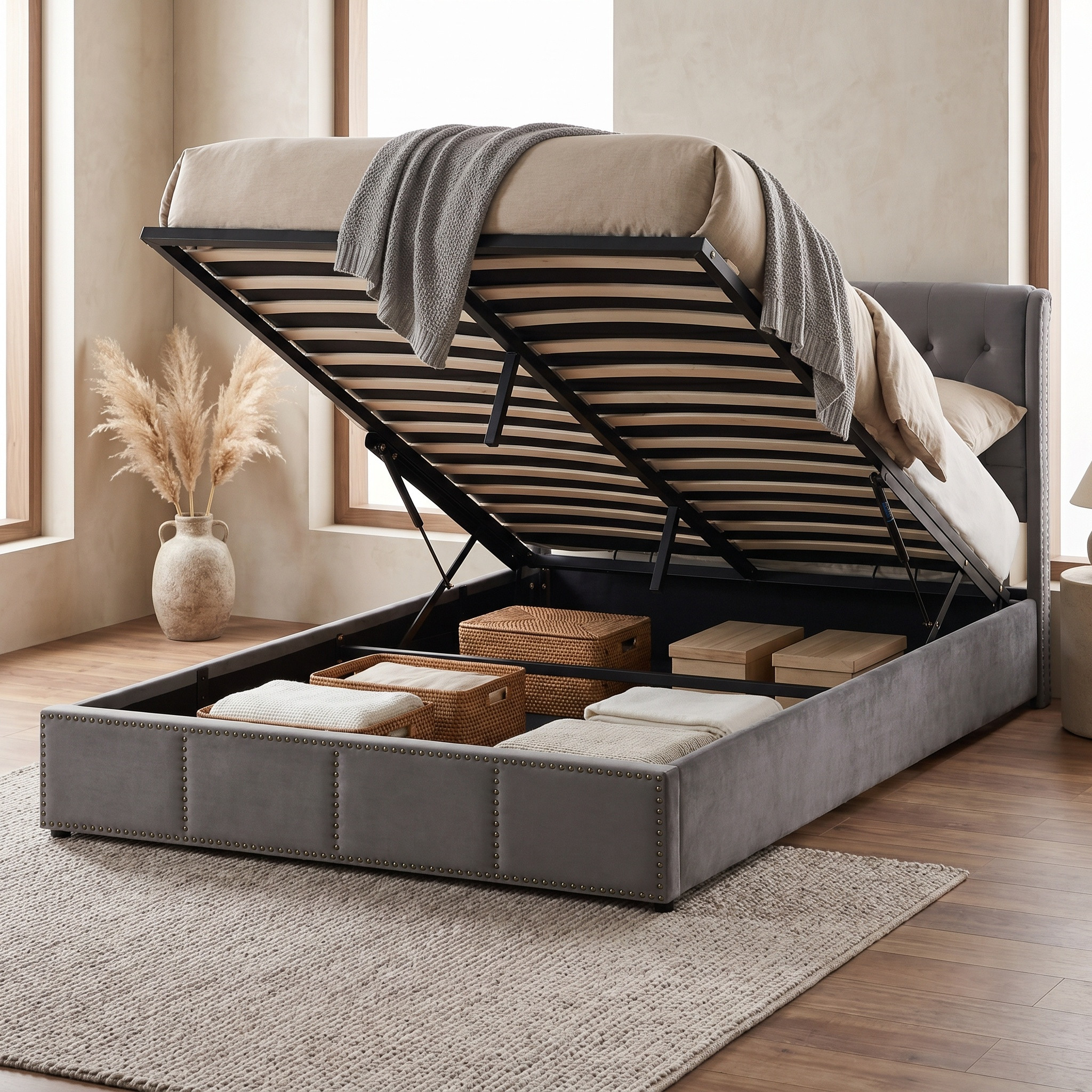 Lit Coffre 160x200, Lit Adulte Double Avec Grand Espace De Rangement