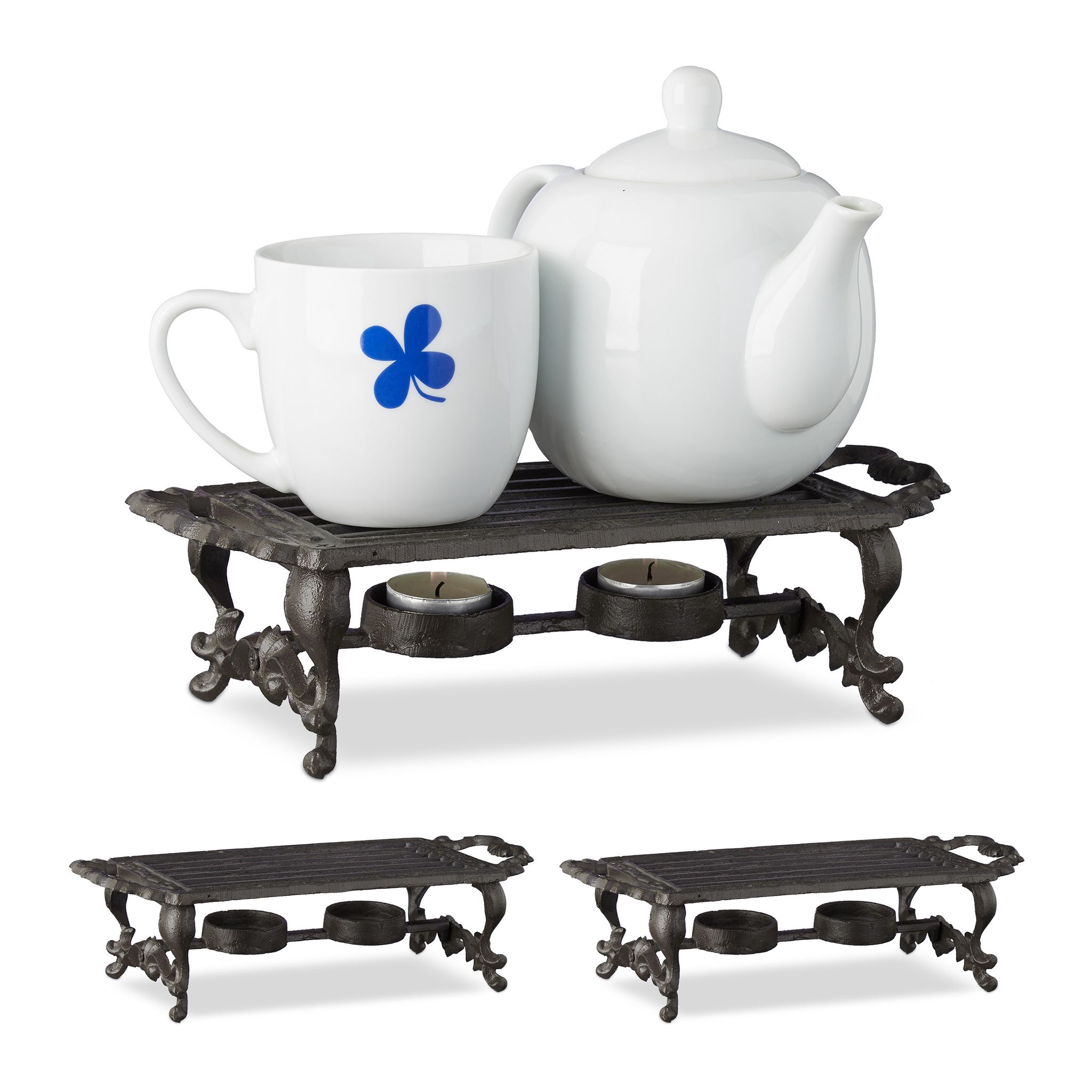 Set Of 3 Relaxdays Food Warming Trays, Extremely Robust, Antique, For 2 Tea Lights, Cast Iron, Hwd, 8.5x30x13.5cm, Brown
