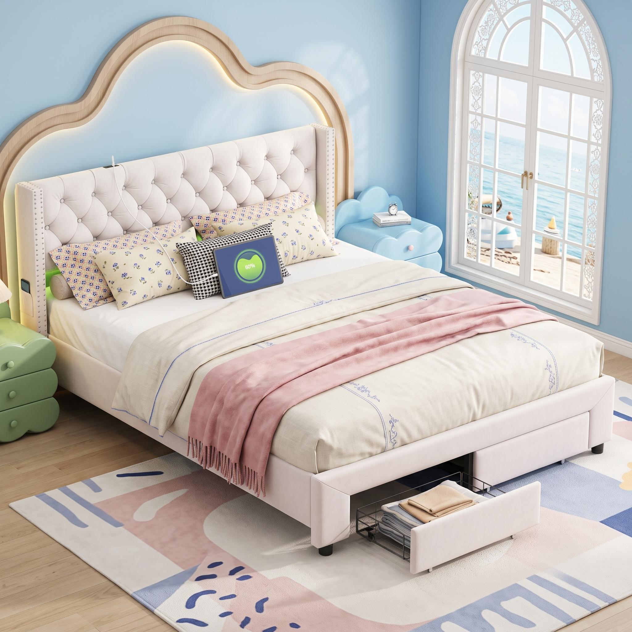 Lit Double 140x190 Cm En Velours Beige Avec 2 Tiroirs - Finition Cloutée