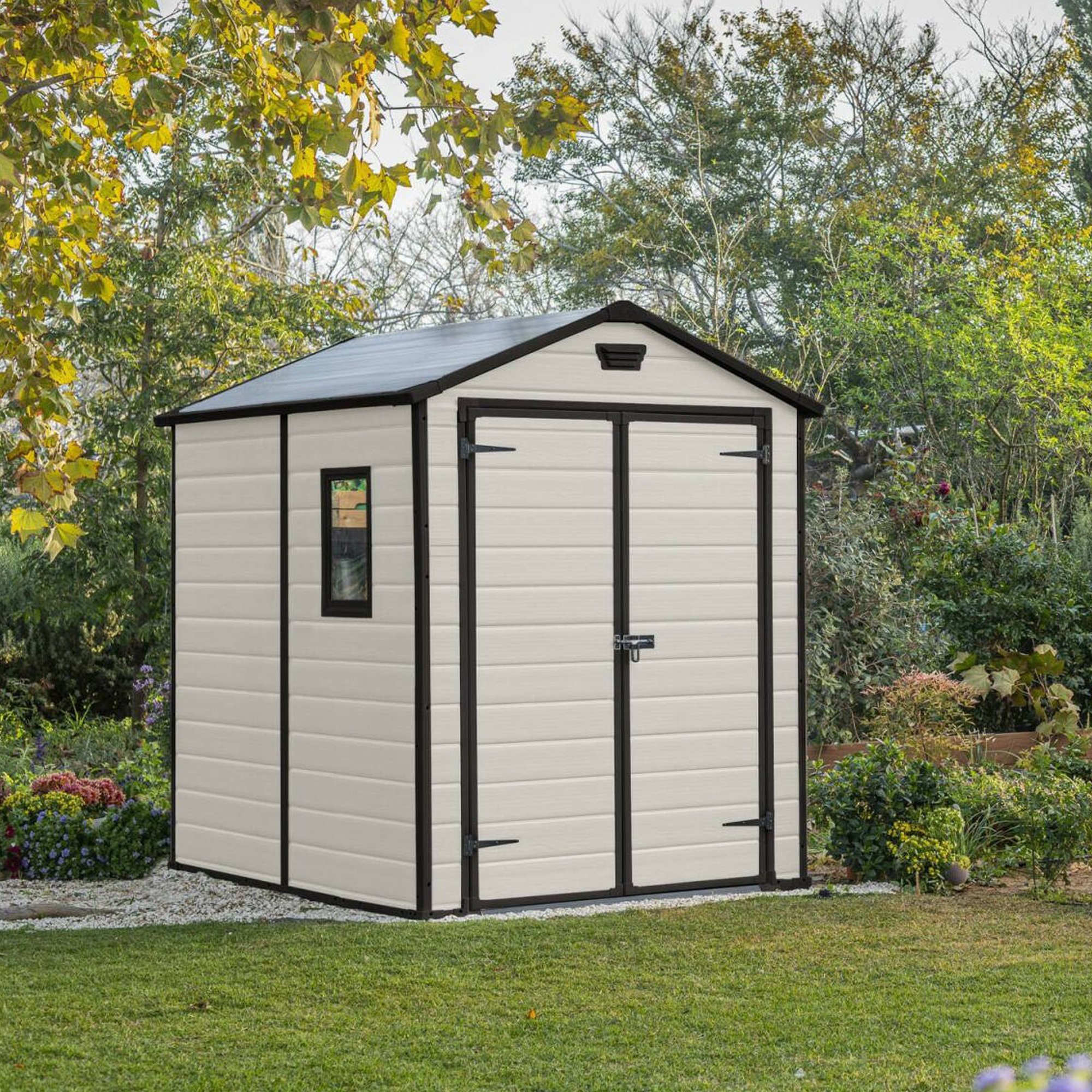Dmora - Casetta Da Giardino Galliate, Capanno Da Esterno, Rimessa Da Giardino, Ripostiglio Per Attrezzi, 186x237 H227 Cm, Beige DMORA