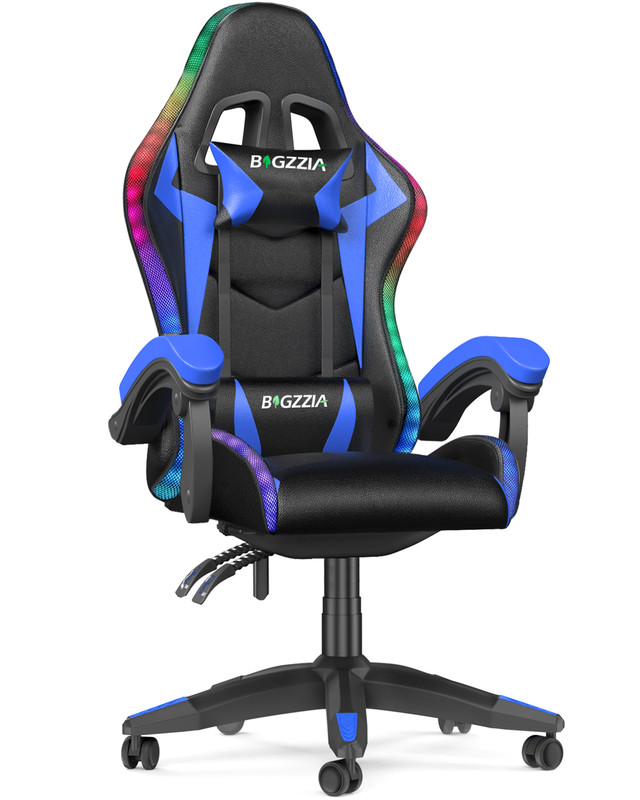 Ergonomique Chaise Gaming Avec Éclairage Led Effets - Dossier Hauteur Réglable - Fauteuil Gaming Led Avec Lombaire&appui-tête Appui - Chaise De Bureau Adultes Enfants - Nior Et Bleu