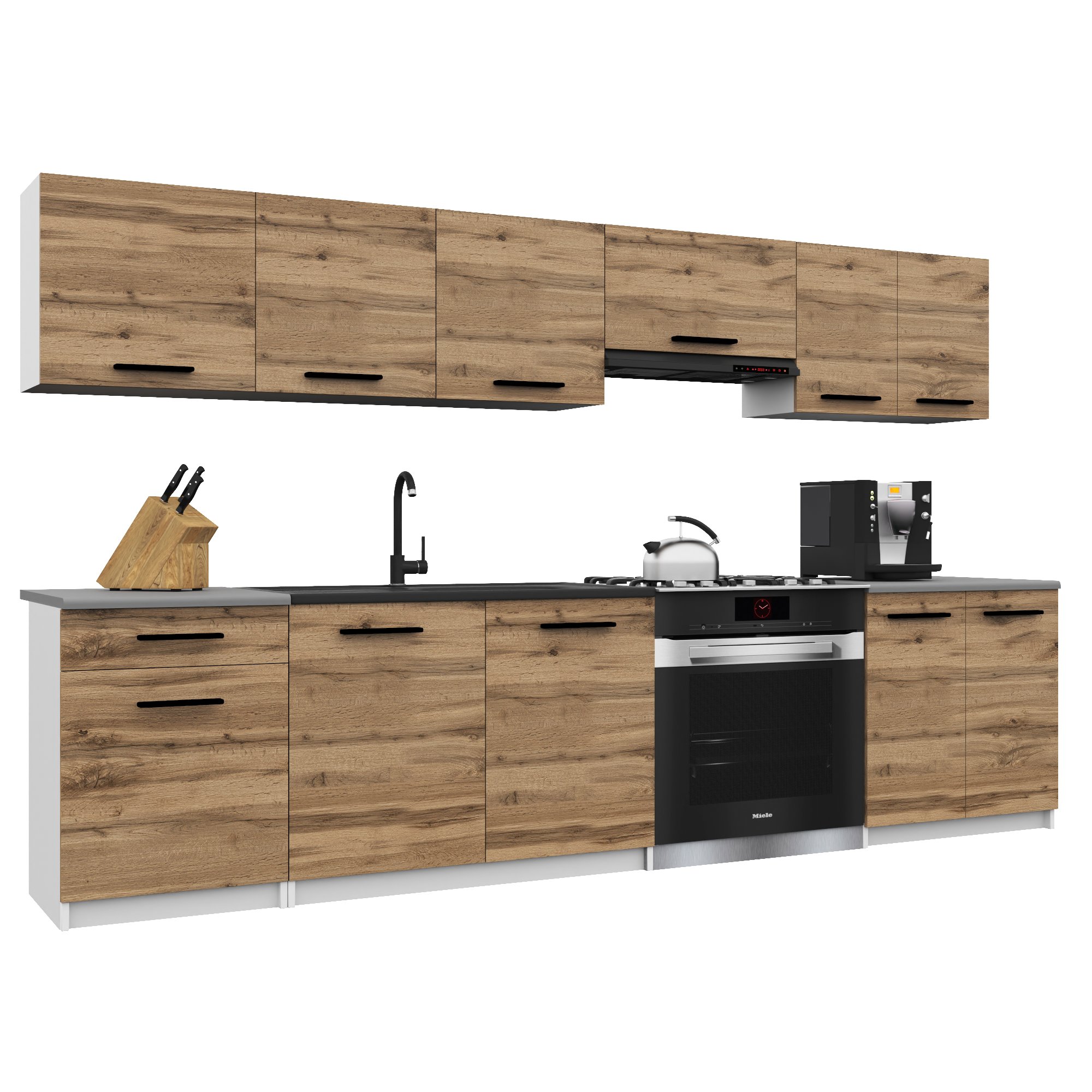 Belini Italia 2 Cuisine Equipée Modulaire Complète - 240 Cm. Meubles Hauts Bas Avec Plan De Travail, Brun Doré