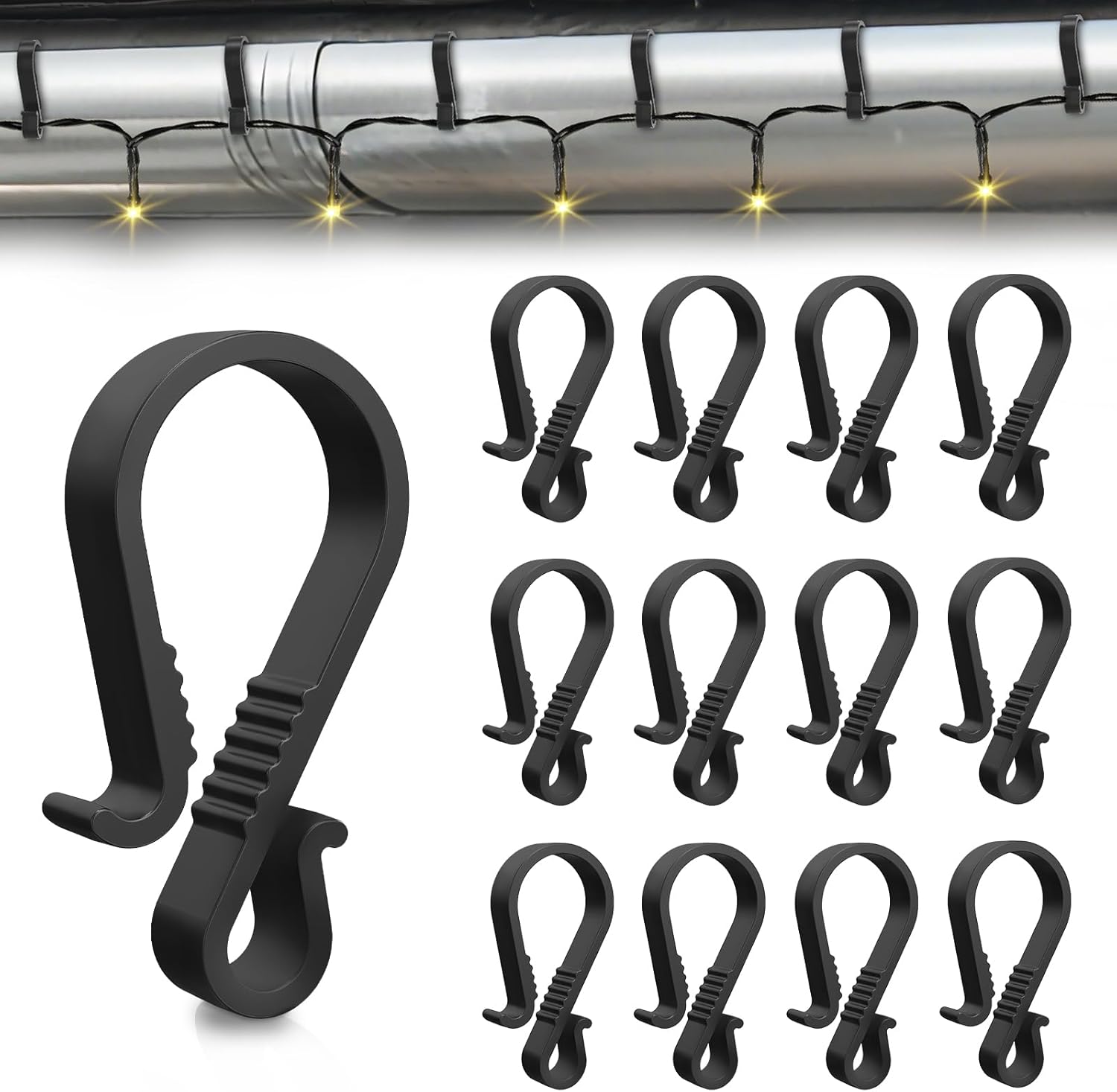 Crochet gouttière en plastique noir, réutilisable, pour guirlandes lumineuses et décorations de Noël, lot de 40