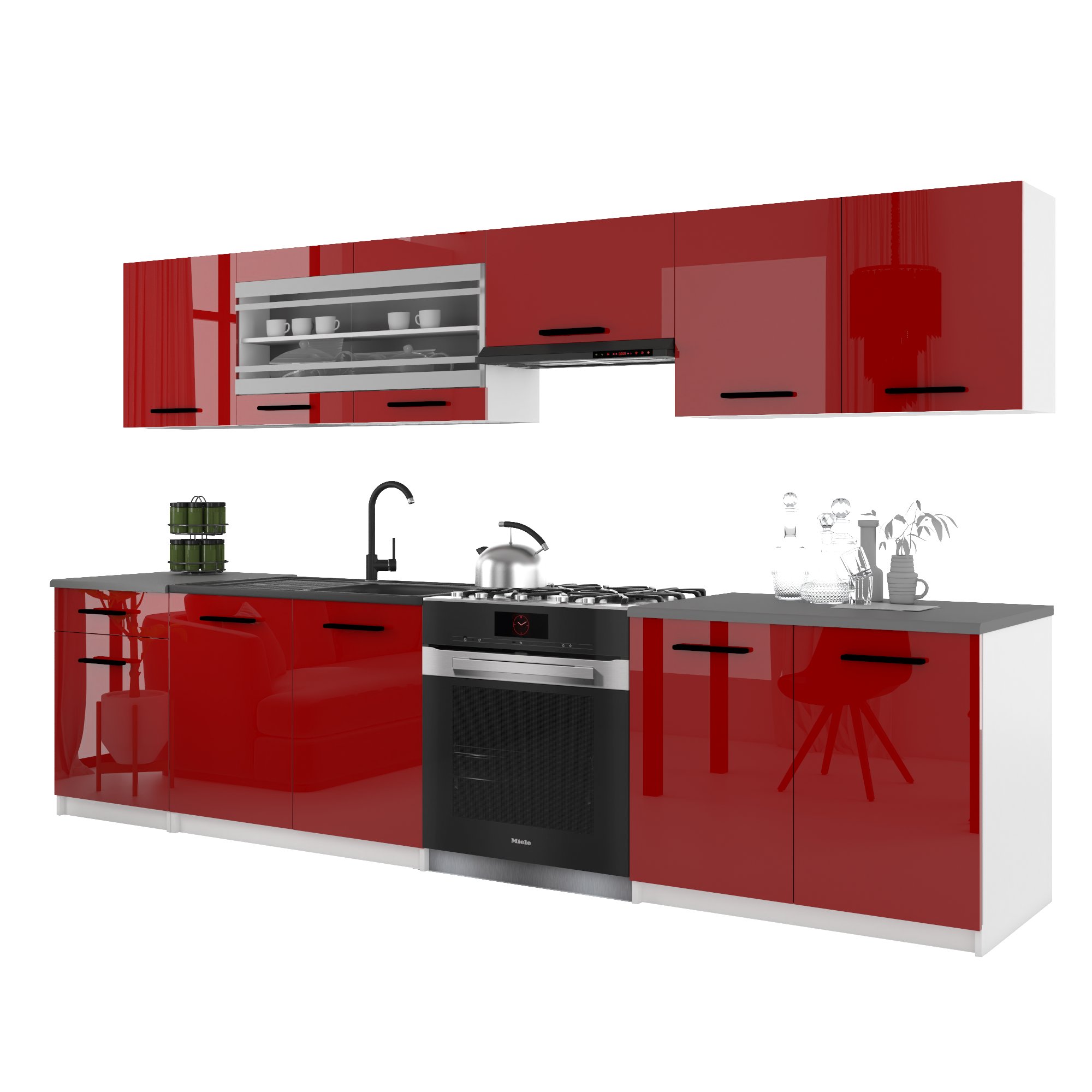Belini Italia 4 Cuisine Equipée Modulaire Complète - 260 Cm. Meubles Hauts Bas Avec Plan De Travail, Rouge
