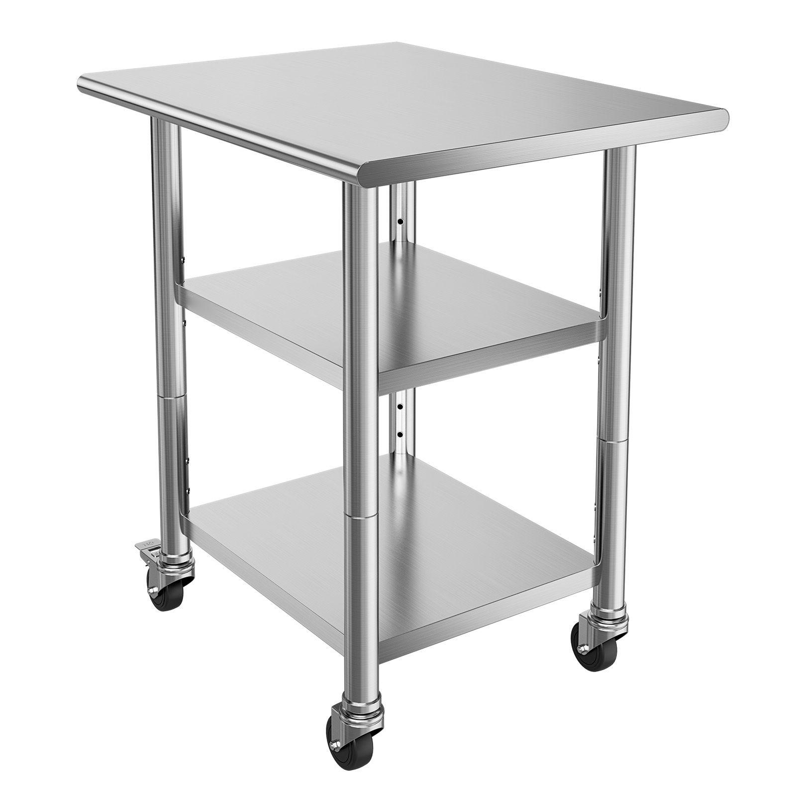 Table de travail en acier inoxydable avec 2 étagères et roulettes, 61x76 cm, plan de préparation alimentaire