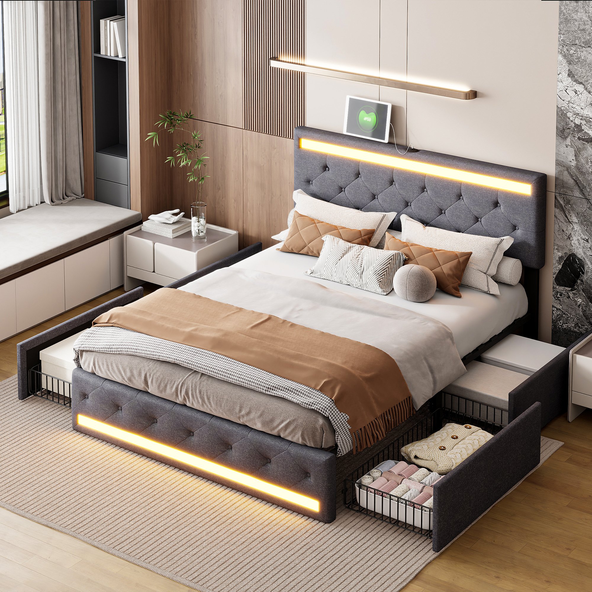 Pergar - Lit 140x190 Avec 4 Tirtors,lit Capitonné 140 X 190 Avec Rangement,lumières Led Réglables À La Tête Et Au Pied Du Lit,lin,gris