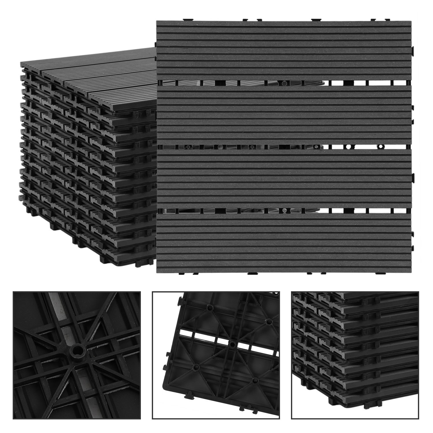 Randaco Set Di 11 Piastrelle Per Decking In Wpc, 4 Listelli Per 1 M², 30 X 30 Cm, Piastrelle In Legno Composito Ad Incastro, Antracite
