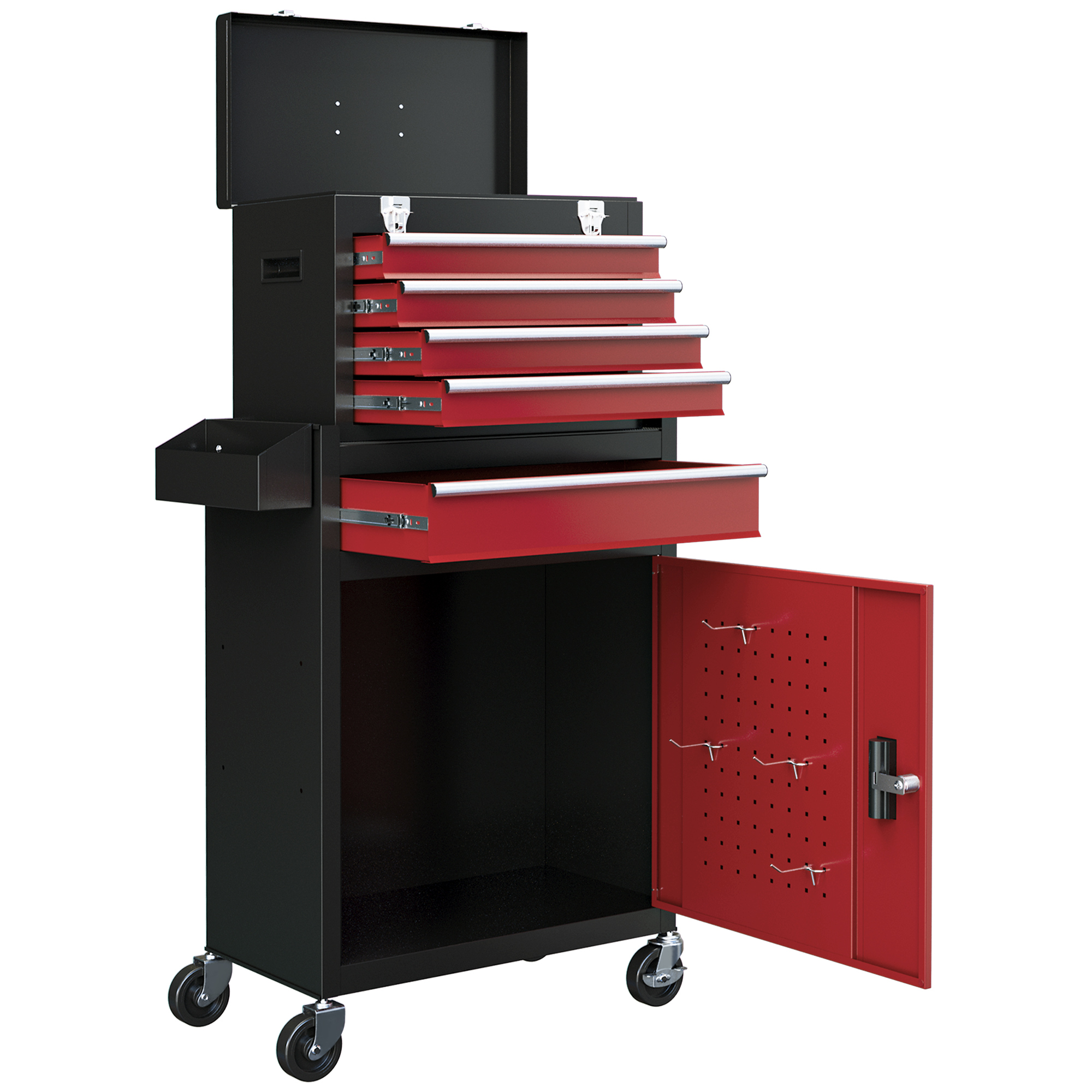 Servante d'atelier sur roulettes avec 5 tiroirs, armoire verrouillable, acier peint, rouge