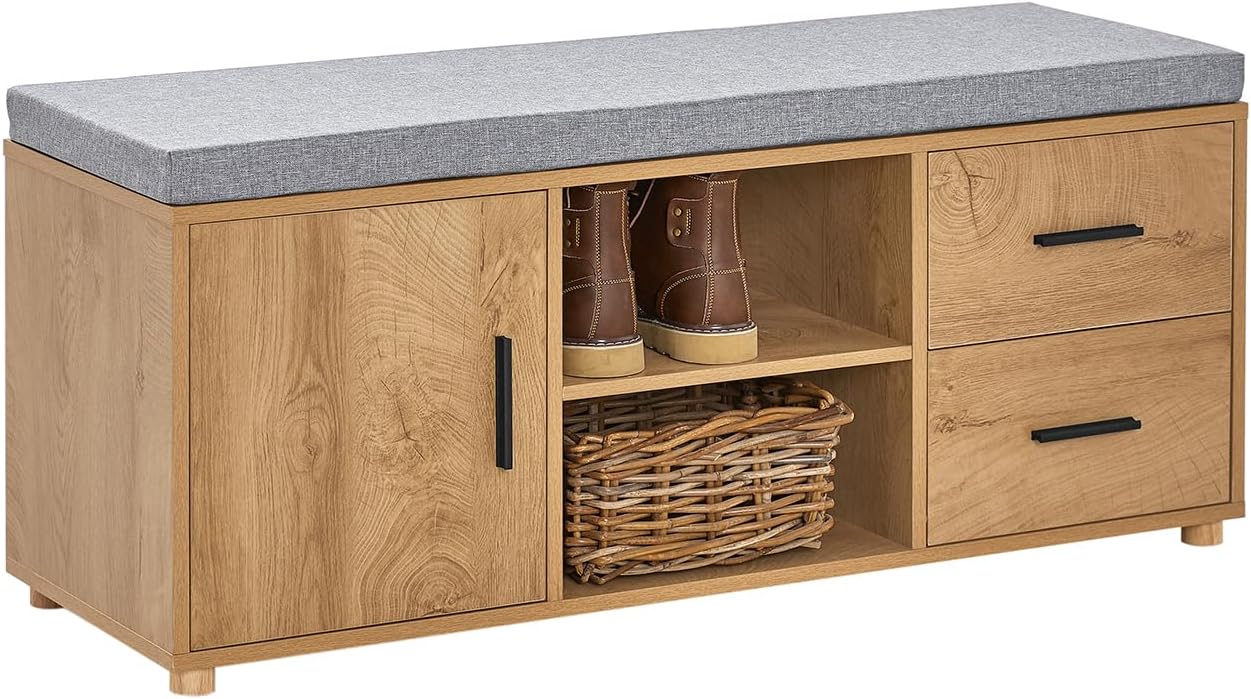 Fsr148-n Banc De Rangement À Chaussure, Banc À Chaussures, Meuble D'Entrée Meuble De Rangement Avec Coussin Rembourré, 2 Compartiments, 1 Porte Et 2 Tiroirs, Naturel - Sobuy