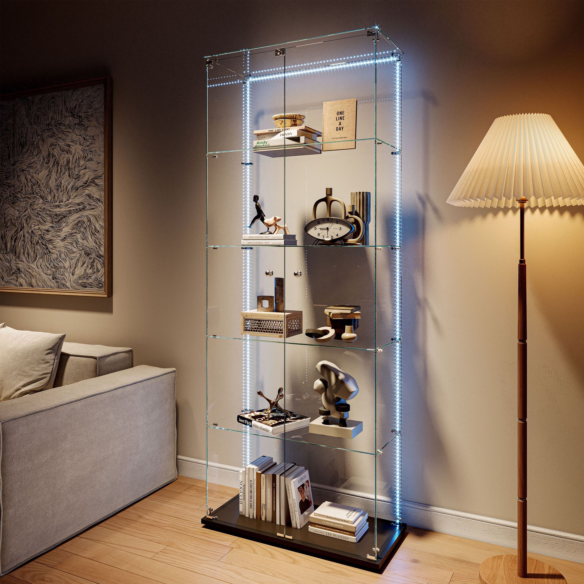 Vitrine En Verre Trempé, Vitrine Pour Collection, Hauteur 187 Cm, Vaisselier Avec 2 Portes Coulissantes, Serrure Et Poignée Métallique, 5 Étagères Et Bandes Lumineuses À Led - Noir