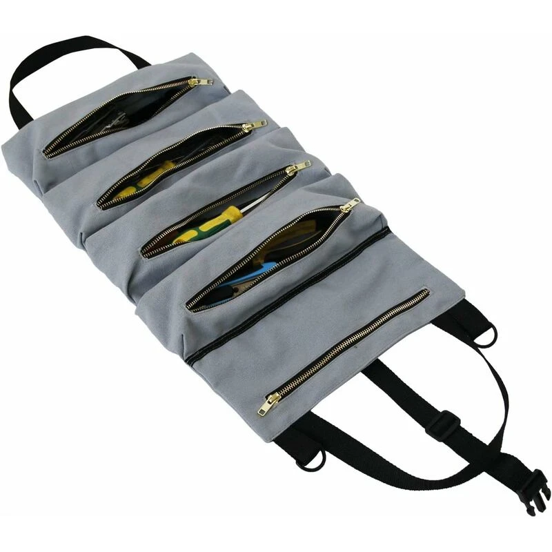 Sac à outils enroulable en toile 16A, 5 poches zippées, 49 x 29 cm, gris