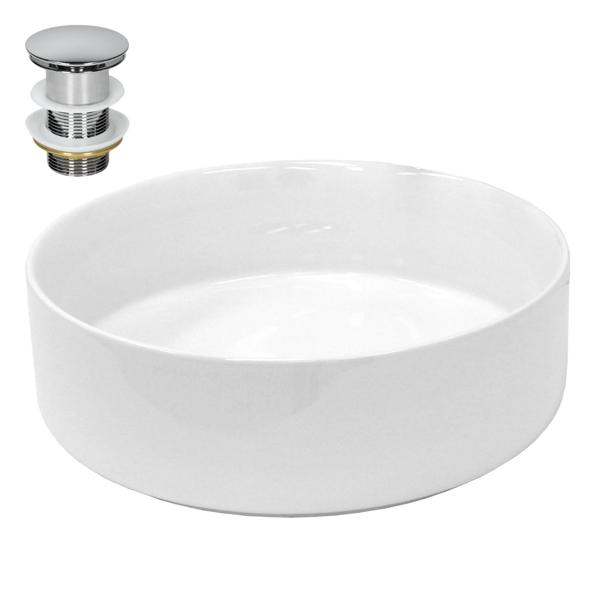Luxebath - Ecd Germany Design Waschbecken Waschtisch Ø 355 X 120 Mm Inkl. Ablaufgarnitur Für Waschbecken Ohne Überlauf Keramik Rund Weiß
