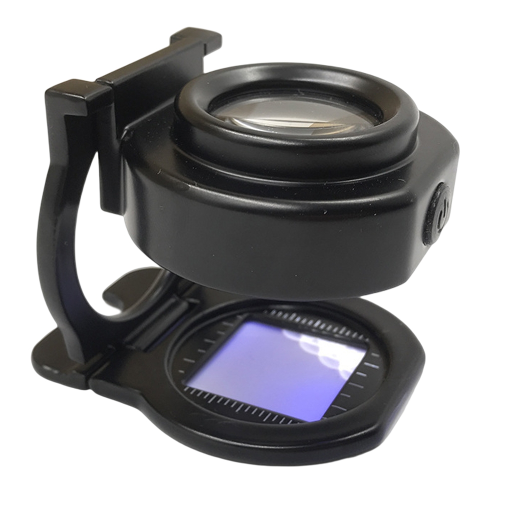 Loupe pliable 10x avec éclairage LED et support, lentille 30 mm, échelle intégrée