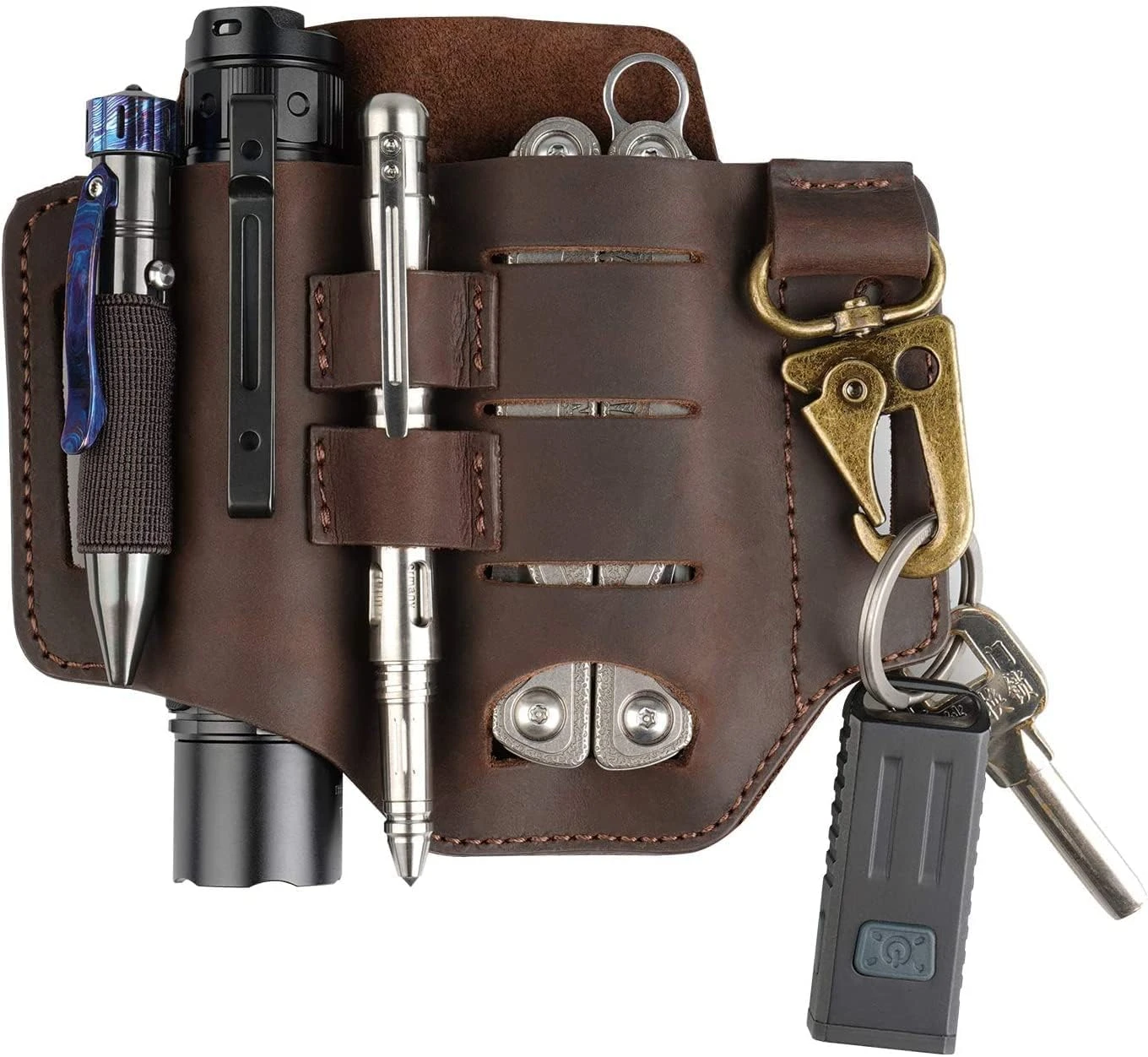 Étui à outils en cuir Crazy Horse, marron, rotatif à 360°, organisateur de poche avec porte-clés