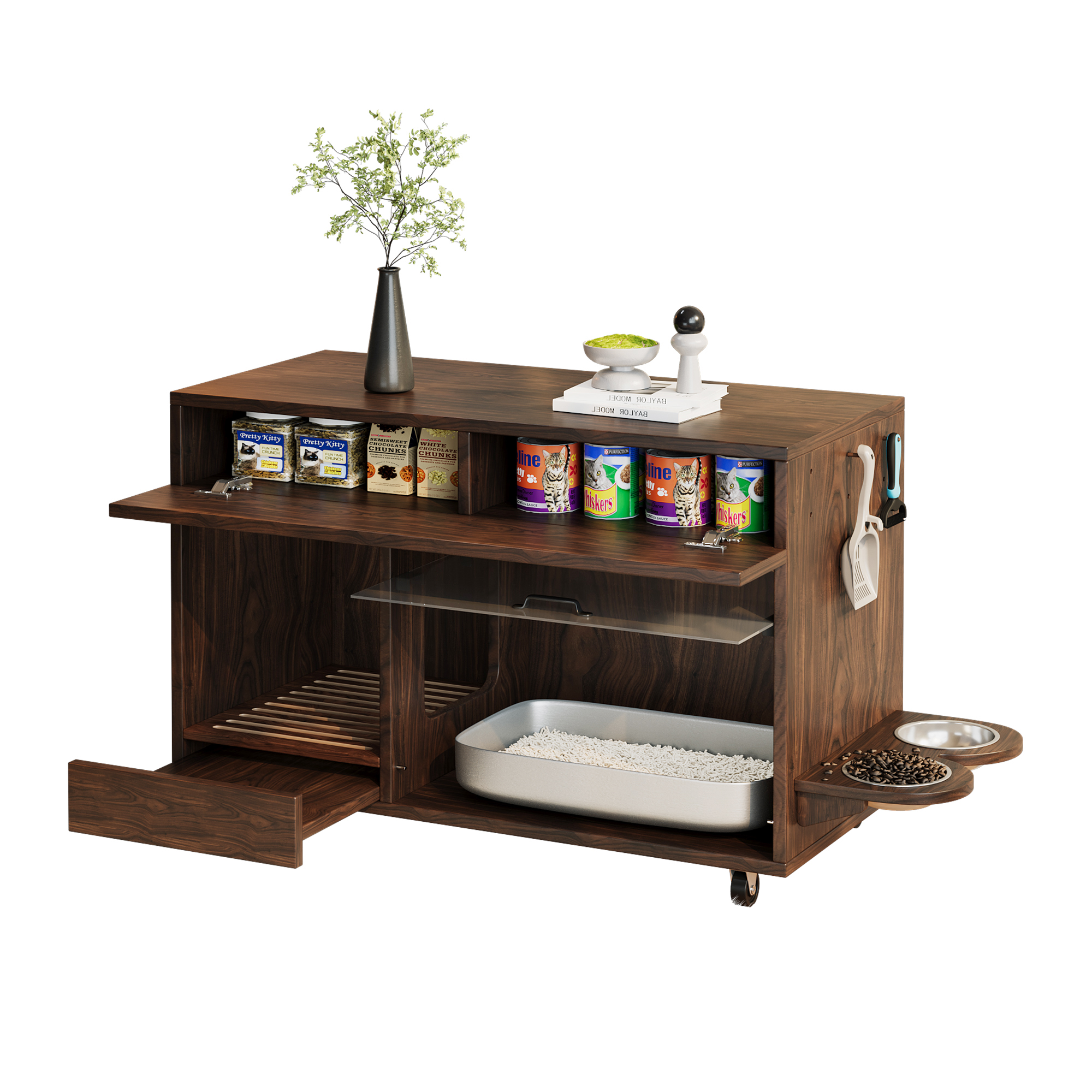 Stilvora Katzenklo Schrank Mit 2 Schubladen, Klapptür Und Rollen, Aus Mdf, Walnussfarben, 100×45.5×67 Cm