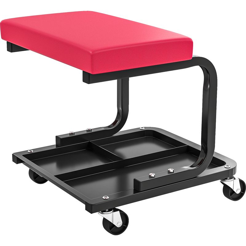 Tabouret d'atelier mobile à roulettes pivotantes 360°, plateau outils 3 sections, charge 135 kg, rouge, 36,5 x 33,5 x 35 cm