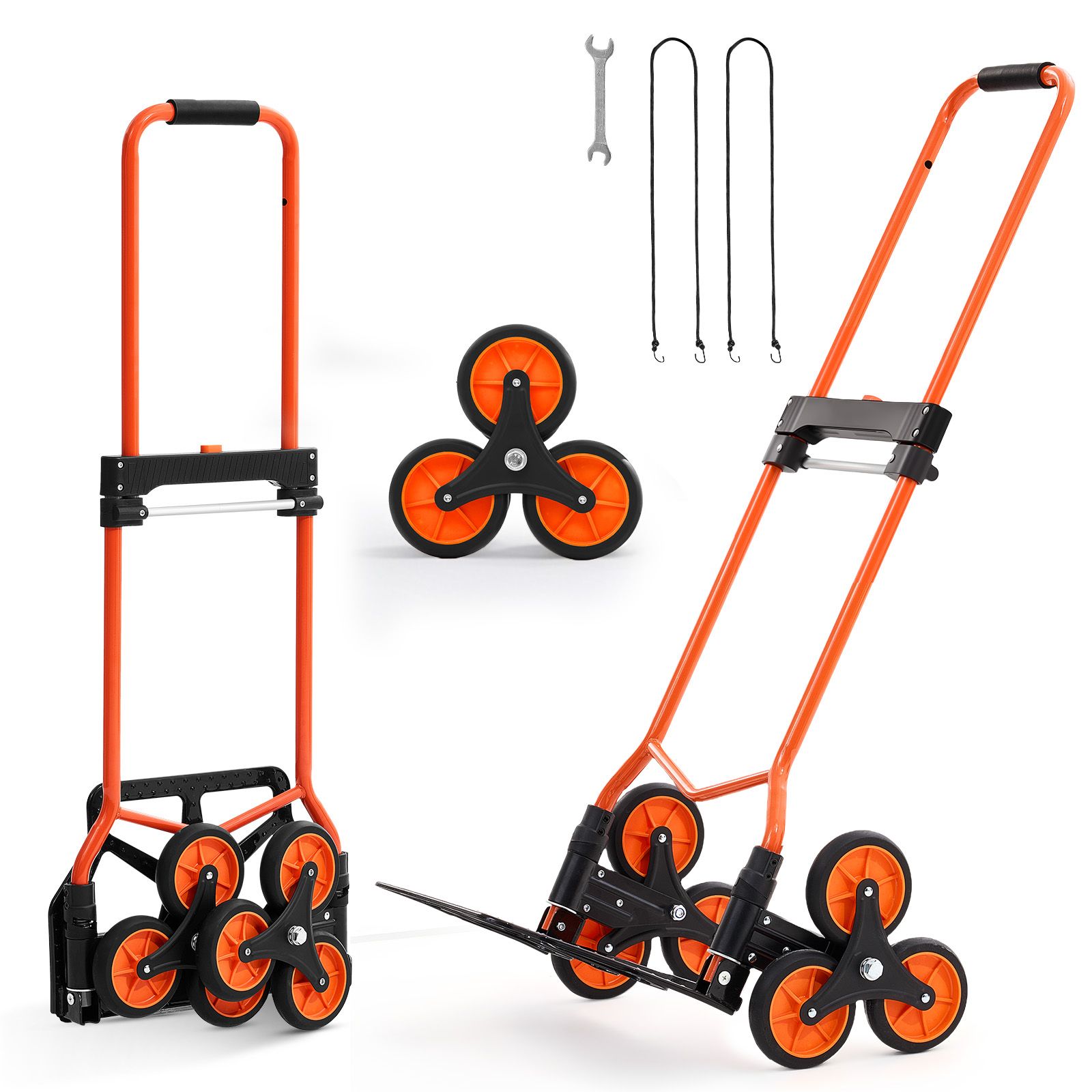 Chariot de montée d'escaliers pliable, capacité 54 kg, poignée télescopique, 6 roues et 2 élastiques, orange