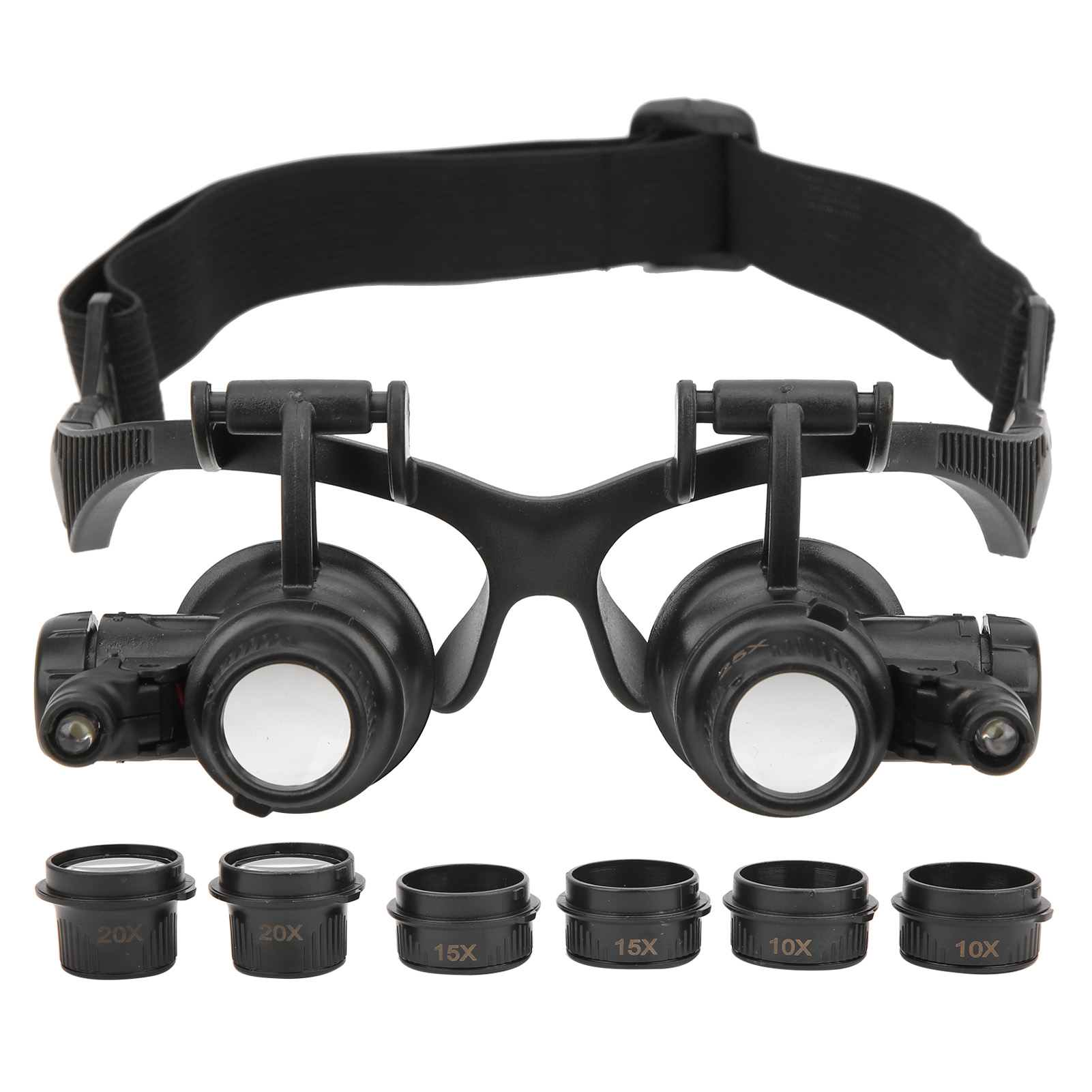 Loupe de bijoutier à 2 LED, 8 lentilles interchangeables 10x 15x 20x 25x, verre ABS