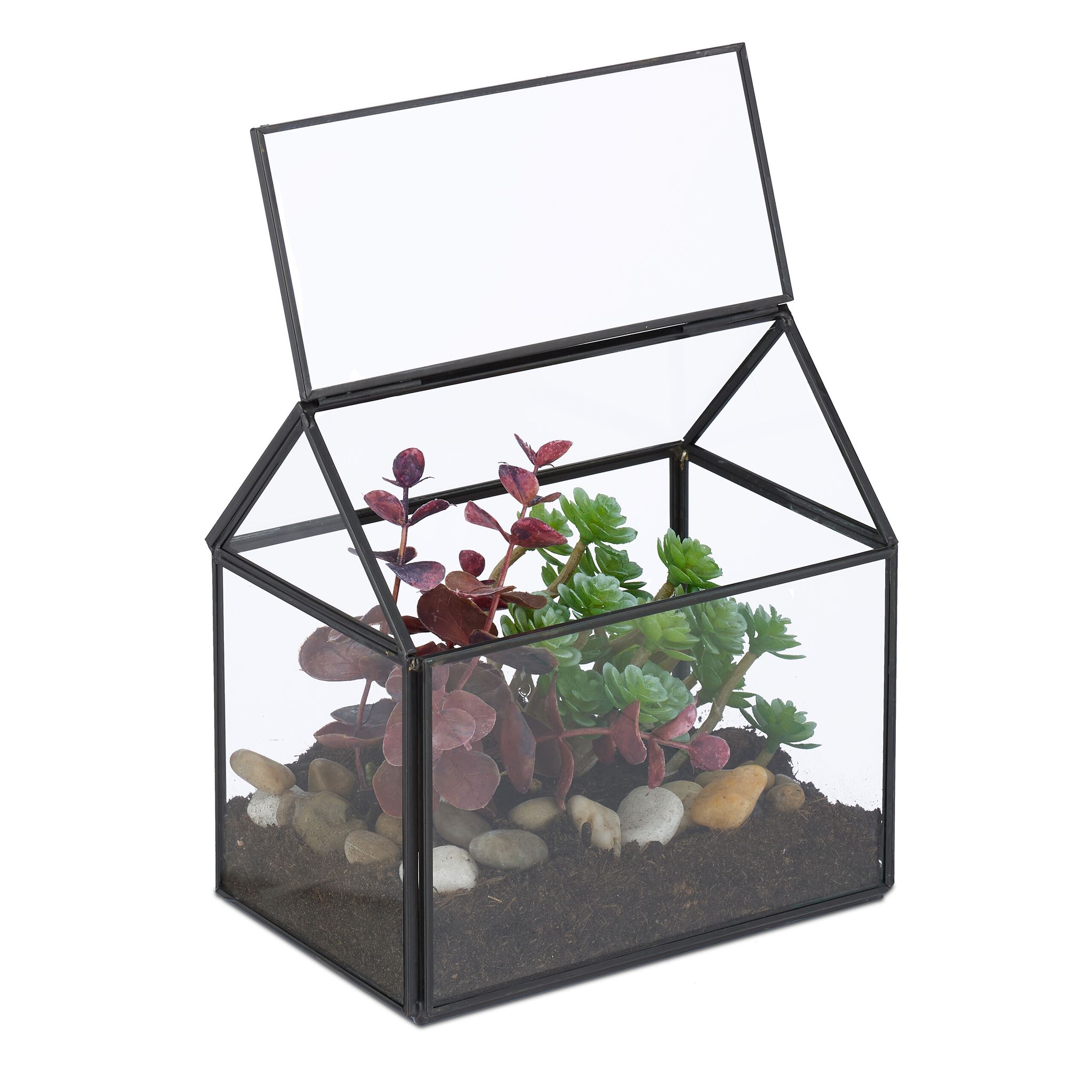 Relaxdays - Terrarium, Glass & Copper, House Shape, 15x15x10 Cm, Succulents & Air Plants, Mini Greenhouse, Decor, Black