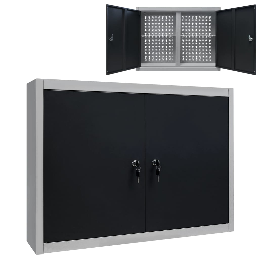 Armoire à outils murale en métal, panneau perforé, 2 étagères réglables, portes verrouillables, 80 x 19 x 60 cm