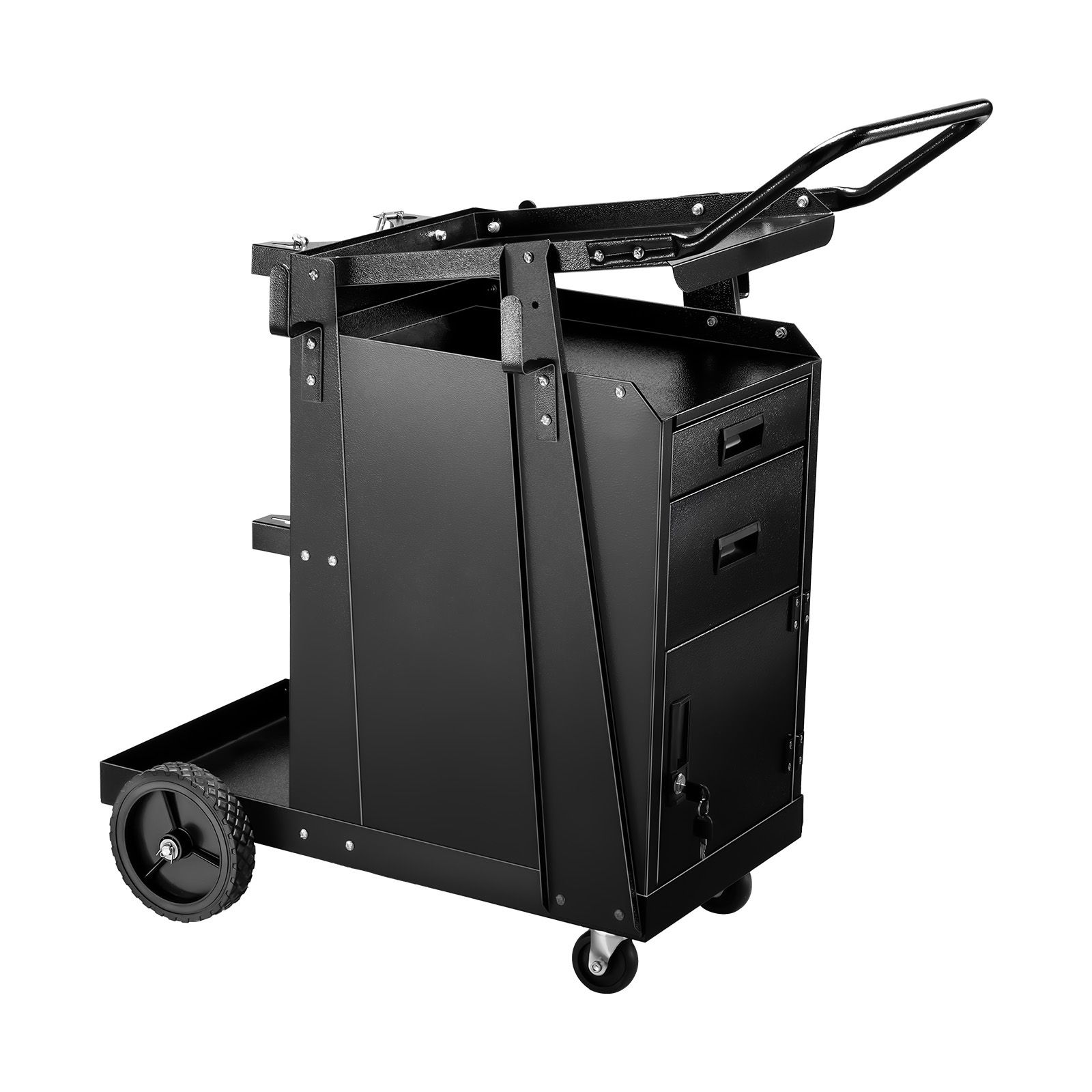 Chariot de soudage robuste avec 2 tiroirs et armoire verrouillable, roues pivotantes 360°, capacité 158 kg