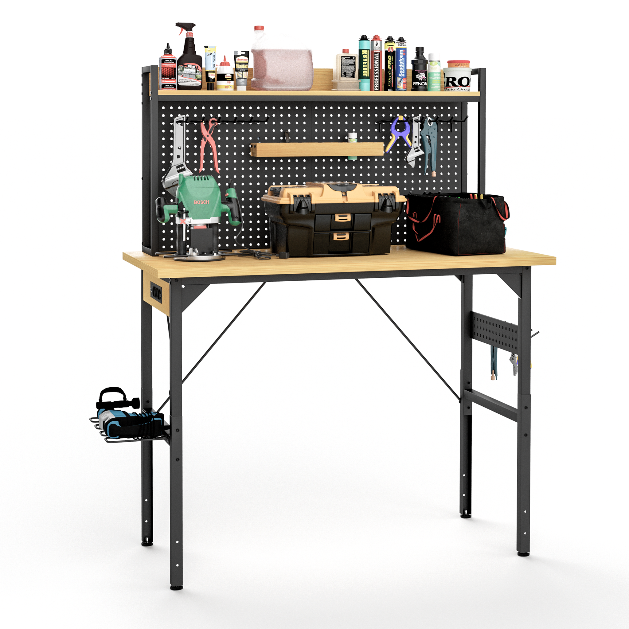 Établi d'atelier réglable en hauteur avec panneau perforé, 120 × 60 × 155,5 cm, charge 700 kg, noir et bois
