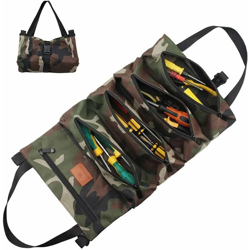 Trousse à outils à rouleau en tissu Oxford, 5 poches zippées, bandoulière