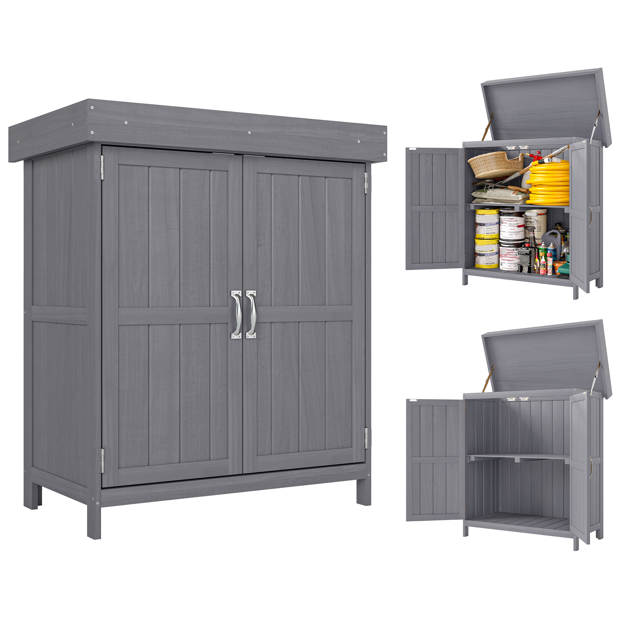 Outsunny - Armoire De Jardin Sur Pied Double Porte Étagère Et Toit Bitumé Relevable Dim. 74l X 43l X 88h Cm Bois Sapin Gris