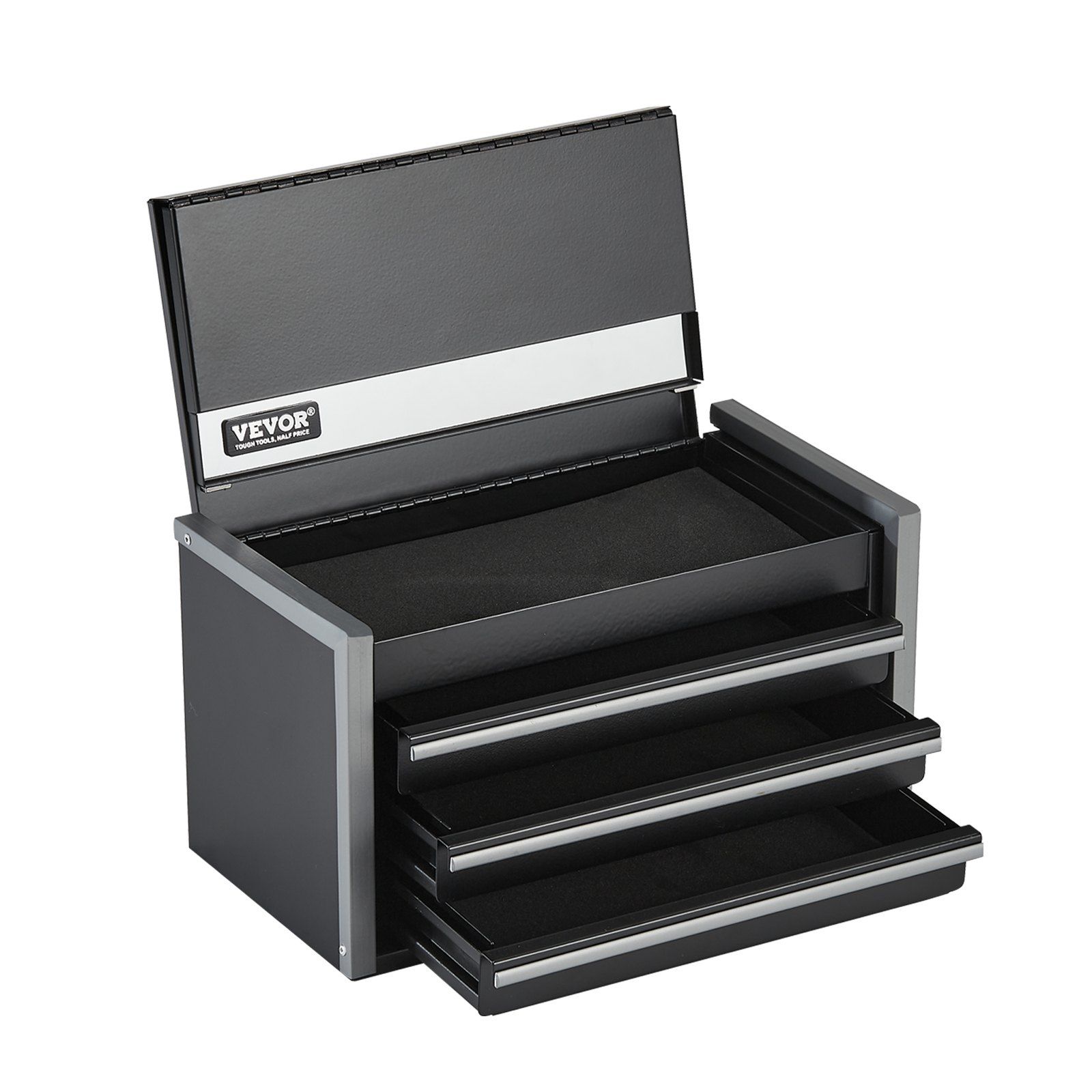 Coffret à outils métallique 3 tiroirs, acier 0,5 mm, revêtement EVA, patins PP, noir, 22 cm