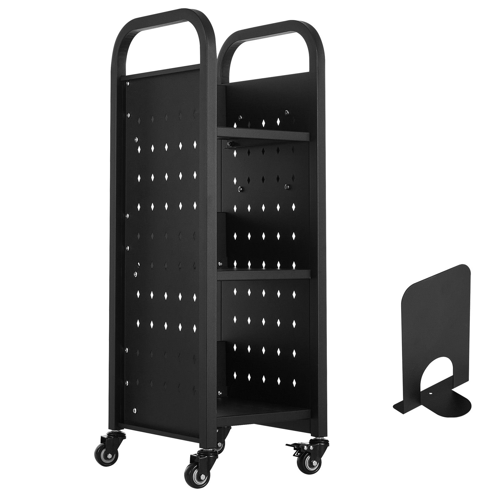 Chariot de bibliothèque roulant à 3 niveaux en acier antirouille, charge 100 kg, roulettes verrouillables 50,8 mm, noir