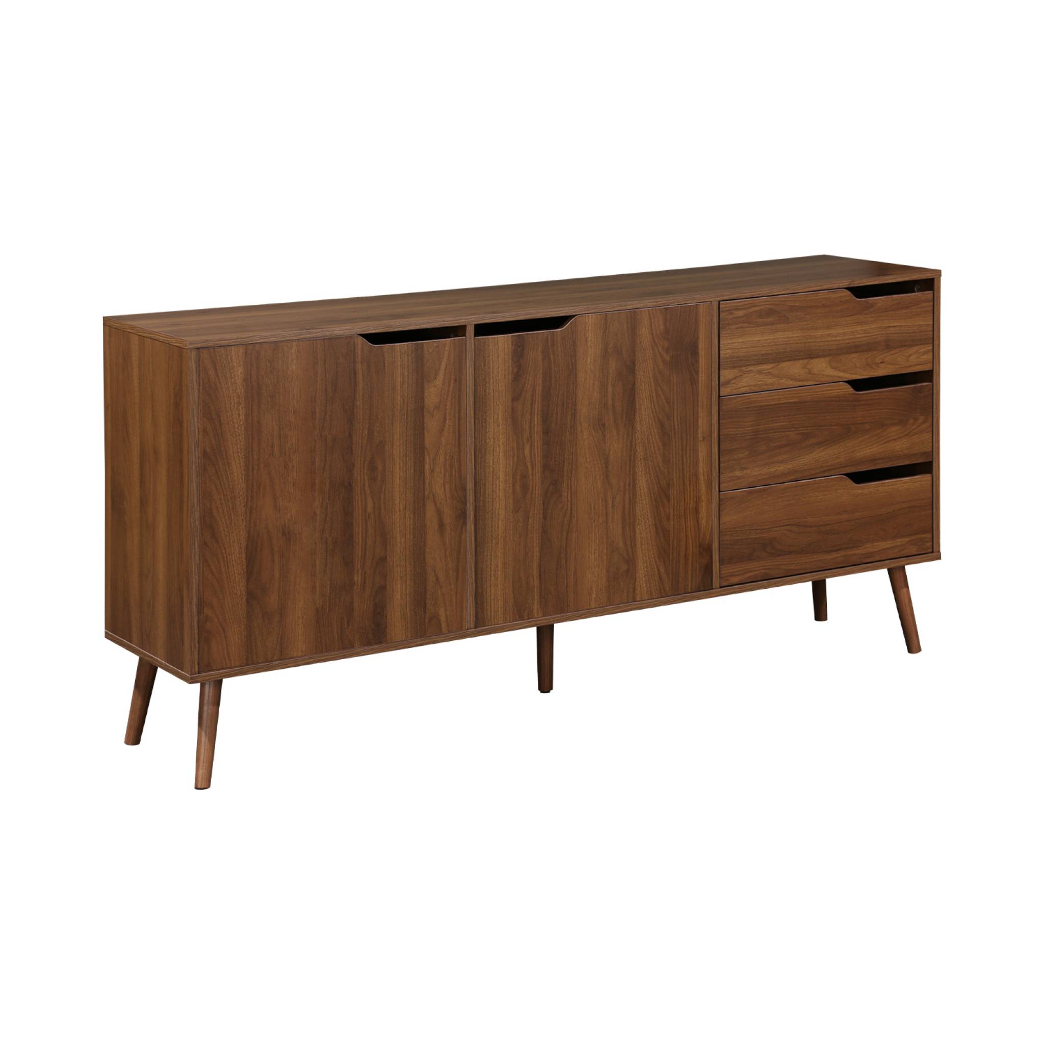 Sweeek - Buffet De Rangement Scandinave. Buffet Haut. Vaisselier. 2 Portes. 3 Tiroirs. Décor Bois De Noyer. 160cm