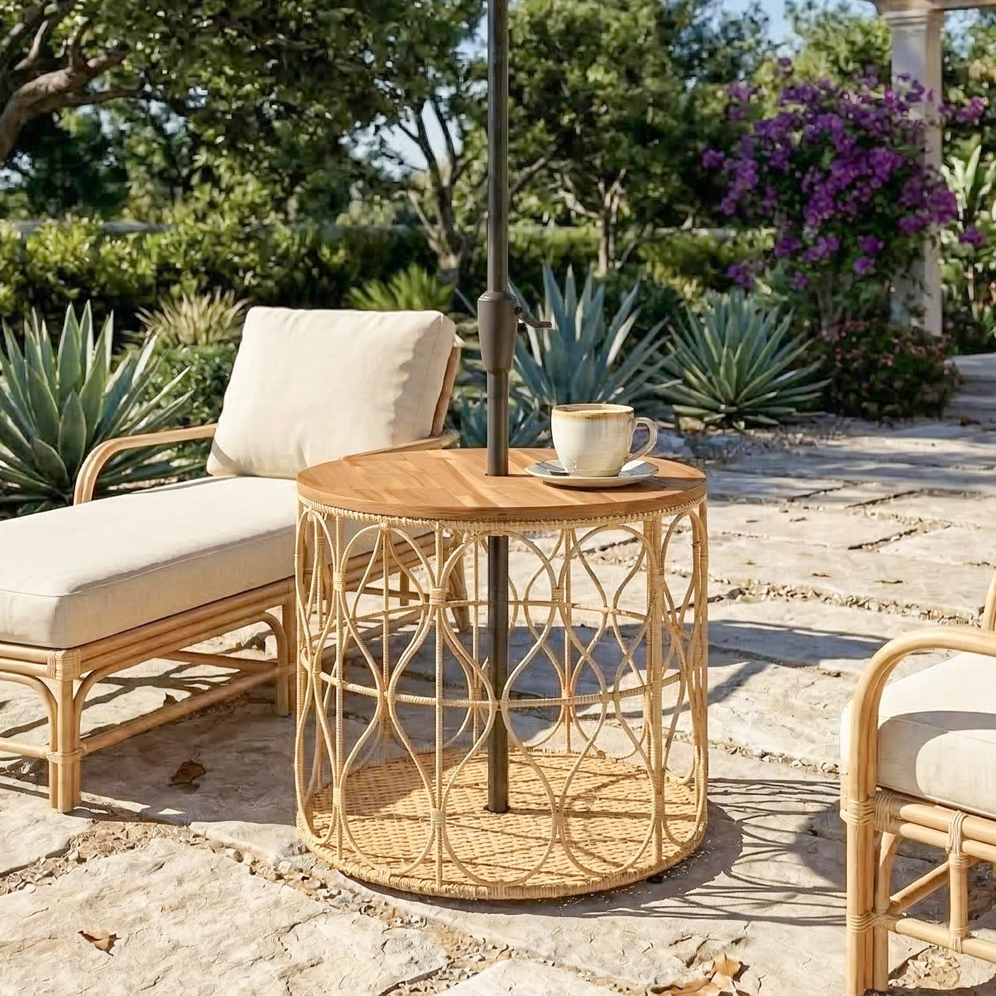 Table D'Appoint Ø50 Cm, Table De Jardin Résistante Aux Intempéries Aspect Rotin, Plateau En Bois D'Acacia, Pieds Réglables, Teck