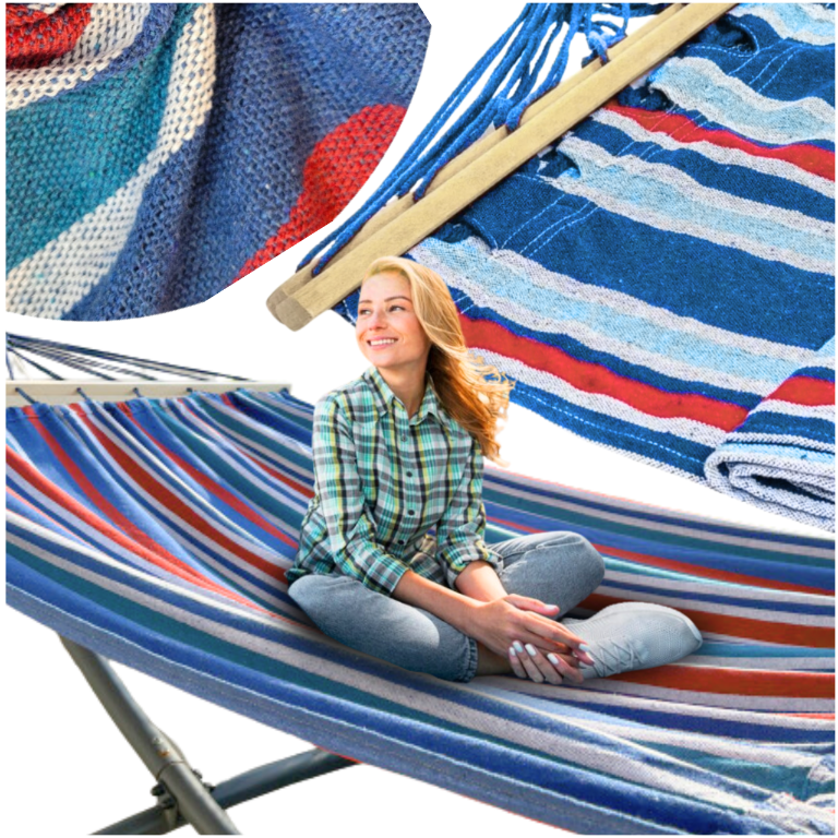 Hamac Sur Pied Double 220 X 160 Cm – Barres Transversales En Bois Massif 115 Cm – Charge Maximale 200 Kg – Tissu Polyester Et Coton