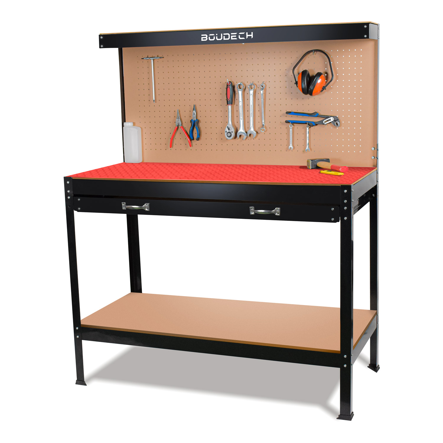 Boudech - Etabli Métallique Avec Tiroirs Muraux Et D'Atelier 120x60cm + 2 Tiroirs Et 2 Étagères Pour Les Outils