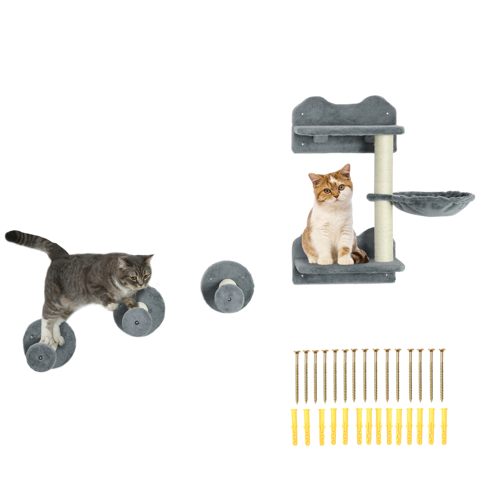 Katzen Kletterwand, 4-teilig, Katzenkletterwand, Inkl. 1 X Sprungturm, 3 X Kratzbäume, Kletterwand Set, Kratzbaum Mit Hängematte, Wandliege Katzen, Katzentreppe, Sisal, Grau+beige - Pawhut
