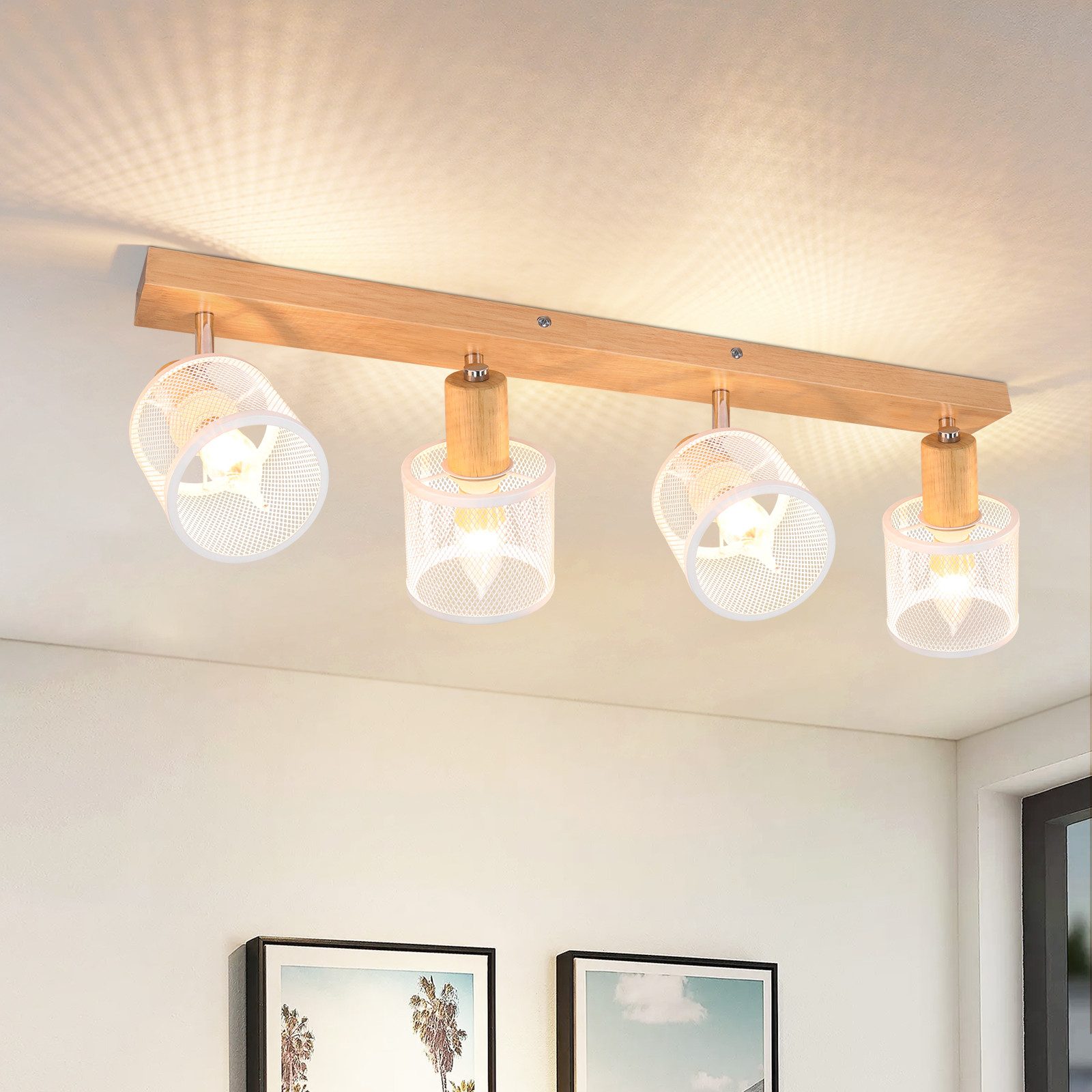 Gbly – Plafonnier À Spot Blanc Bois E14 Orientable 350° – 4 Ampoules