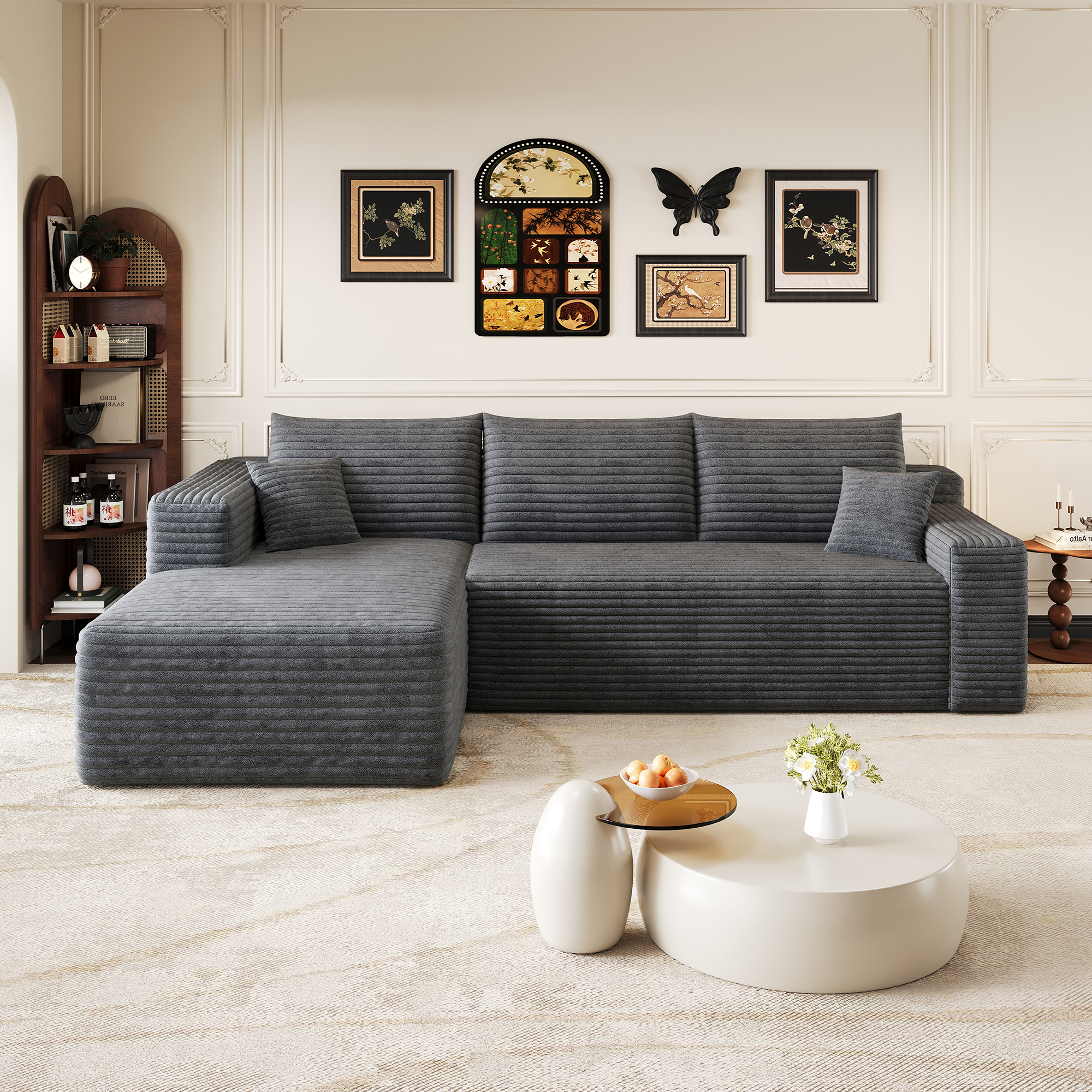 Canapé D'Angle Compressé 3 Places En Velours Côtelé Gris,chaise Longue Gauche,style Minimaliste Moderne,sans Assemblage,241x151x58cm