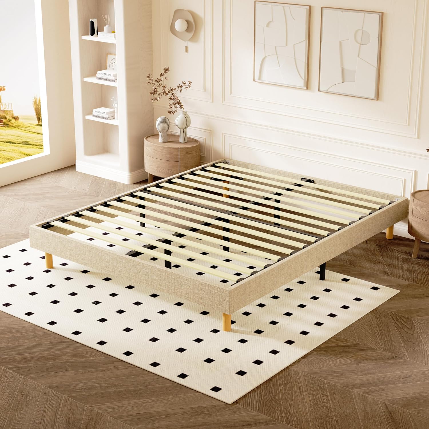 Dewinner – Sommier Tapissier 160x200 Cm – 9 Pieds En Bois Massif – 2x14 Lattes Pour Soutien Optimal – Hauteur 35 Cm – Beige