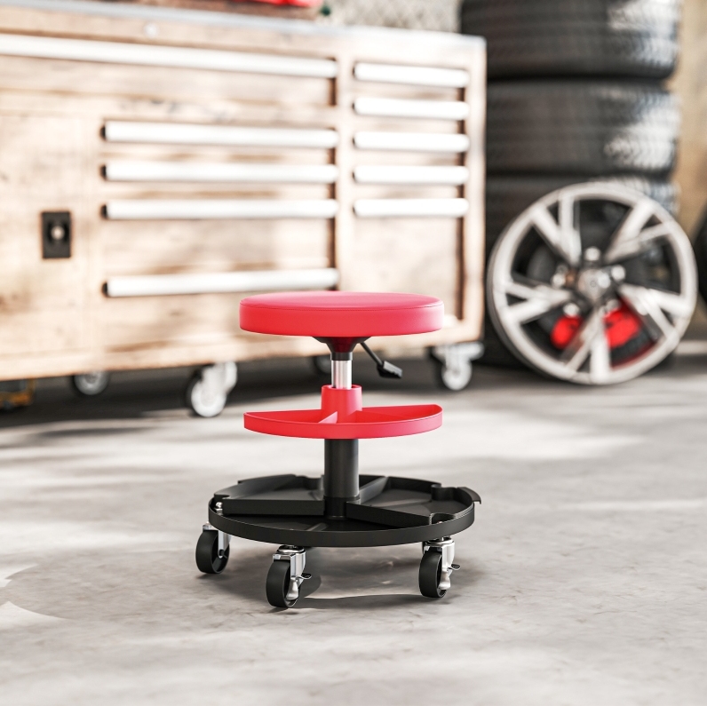 Tabouret d'atelier à roulettes réglable, double plateau, acier 135 kg