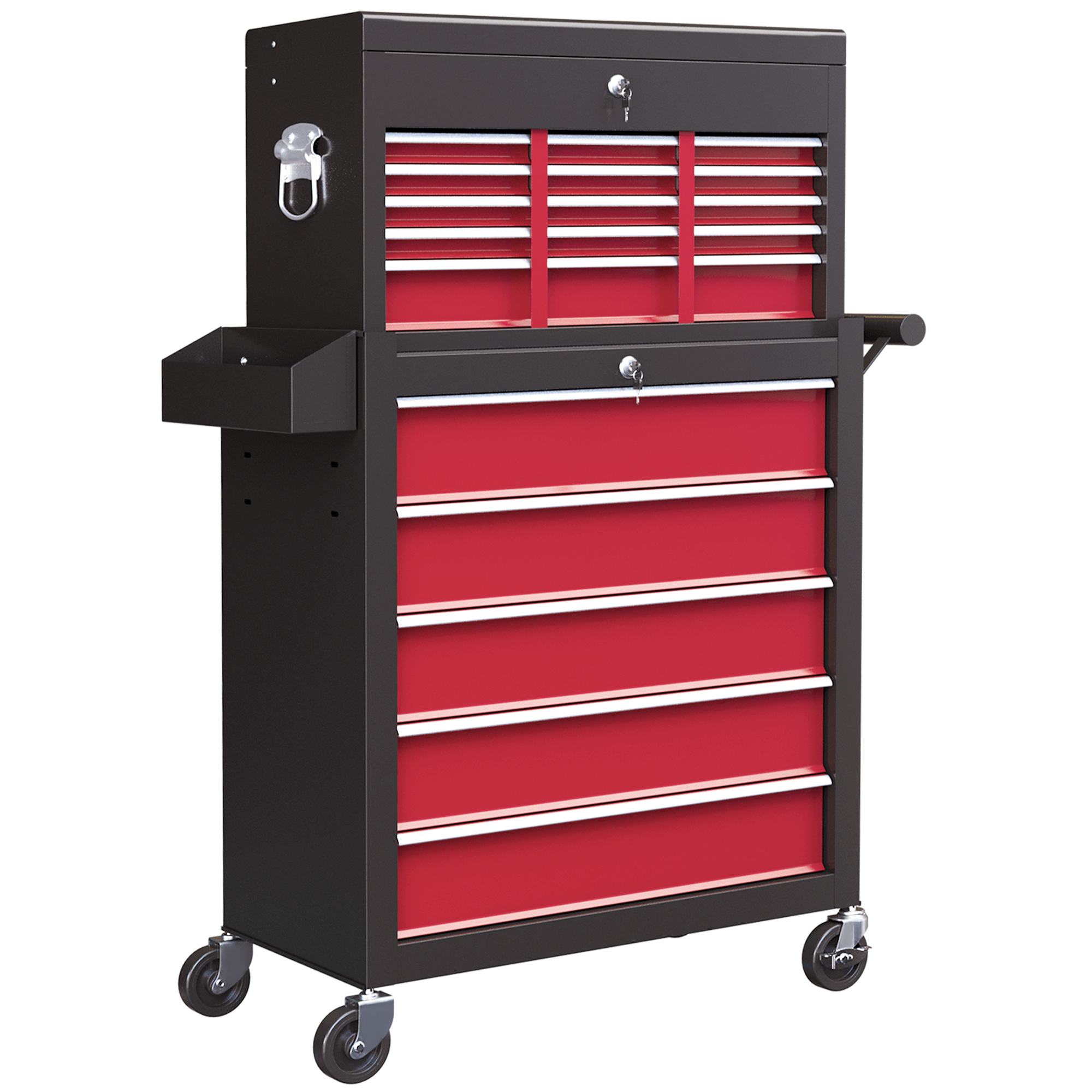 Chariot d'atelier à outils en acier, 14 tiroirs extensibles, panneau latéral perforé, tapis EVA, rouge