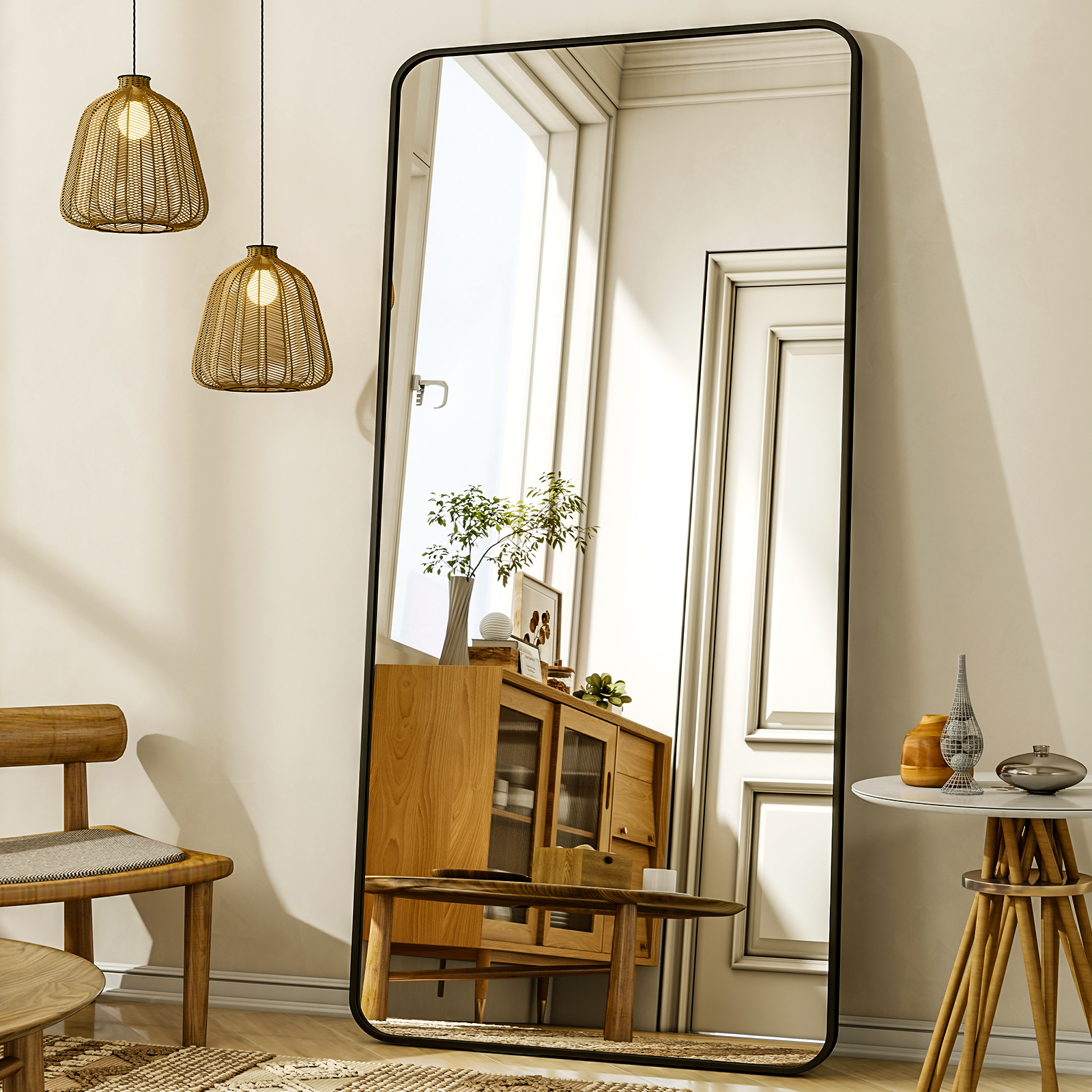 Koonmi Miroir Pleine Longueur À Coins Arrondis - 76 X 171 Cm - Idéal Pour La Chambre, La Salle De Bain Et Le Dressing - Noir