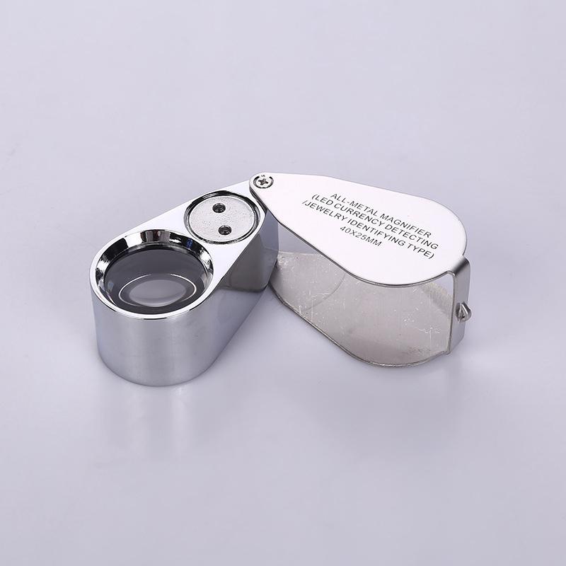 Loupe de bijoutier pliante 40x en métal, éclairage LED et UV, avec étui