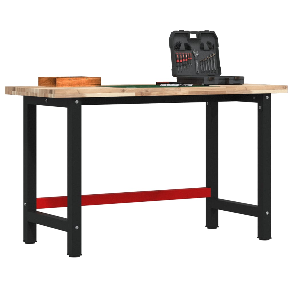 Établi d'atelier en bois massif d'acacia, plateau 140x60 cm, hauteur 83 cm, cadre métal