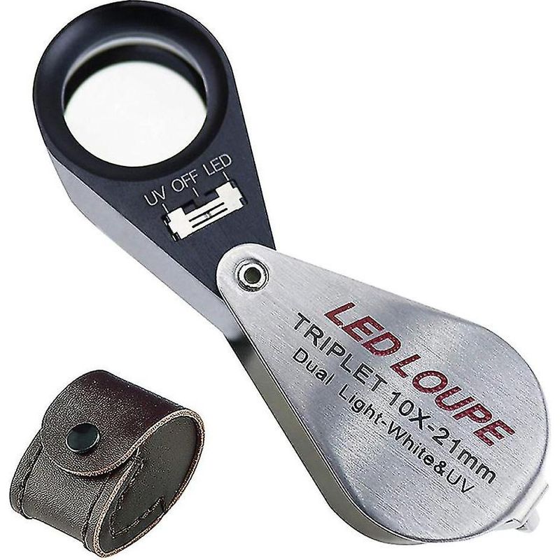 Loupe de bijoutier à triple lentille 10x, diamètre 21 mm, 6 lumières LED et UV, aluminium et cuivre