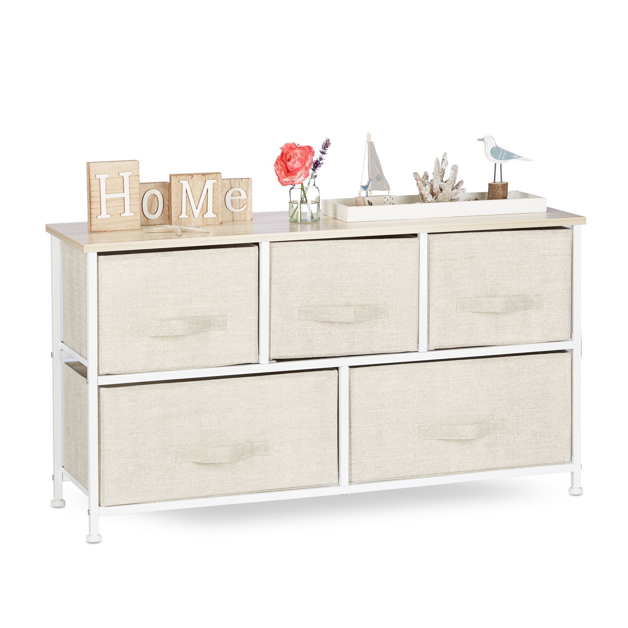 Shelving System, Chest Of Drawers, Standing Shelf With 5 Boxes, Hxwxd 54.5 X 100 X 30cm, Metal And Wood, Beige - Relaxdays