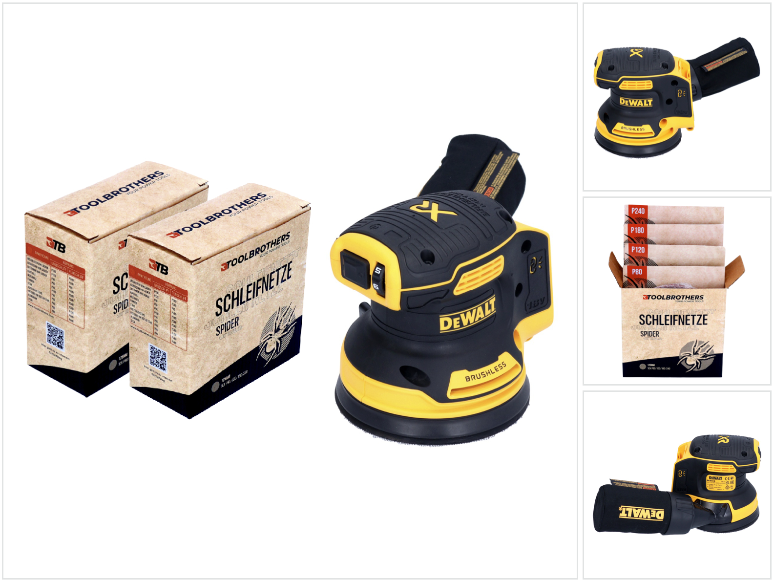Dewalt Dcw 210 N Akku Exzenterschleifer 18 V 125 Mm Brushless Solo + 2x Toolbrothers Spider Netzschleifmittel Set