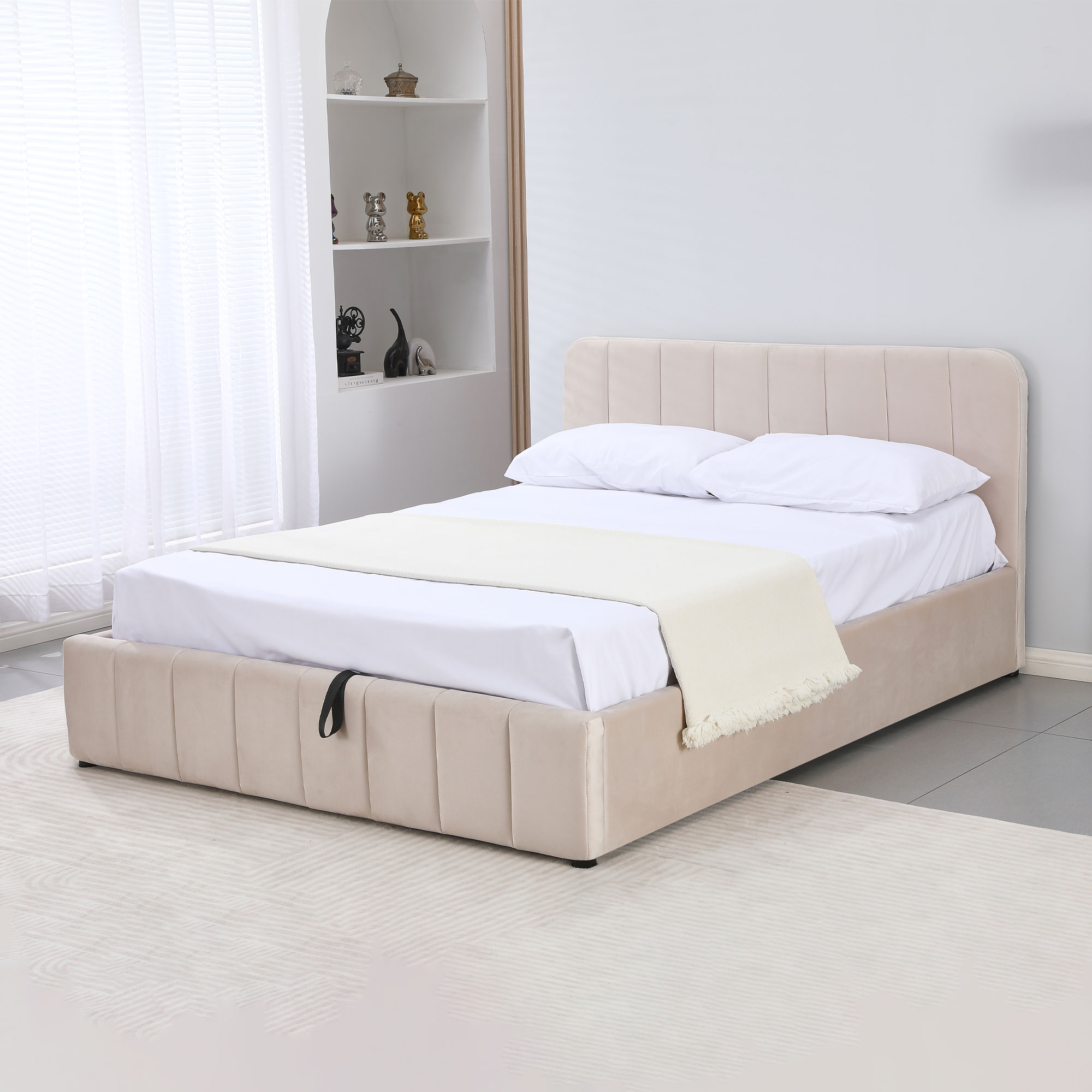 M&s - Lit Coffre 160x200 Velours Beige Avec Tête De Lit + Sommier À
