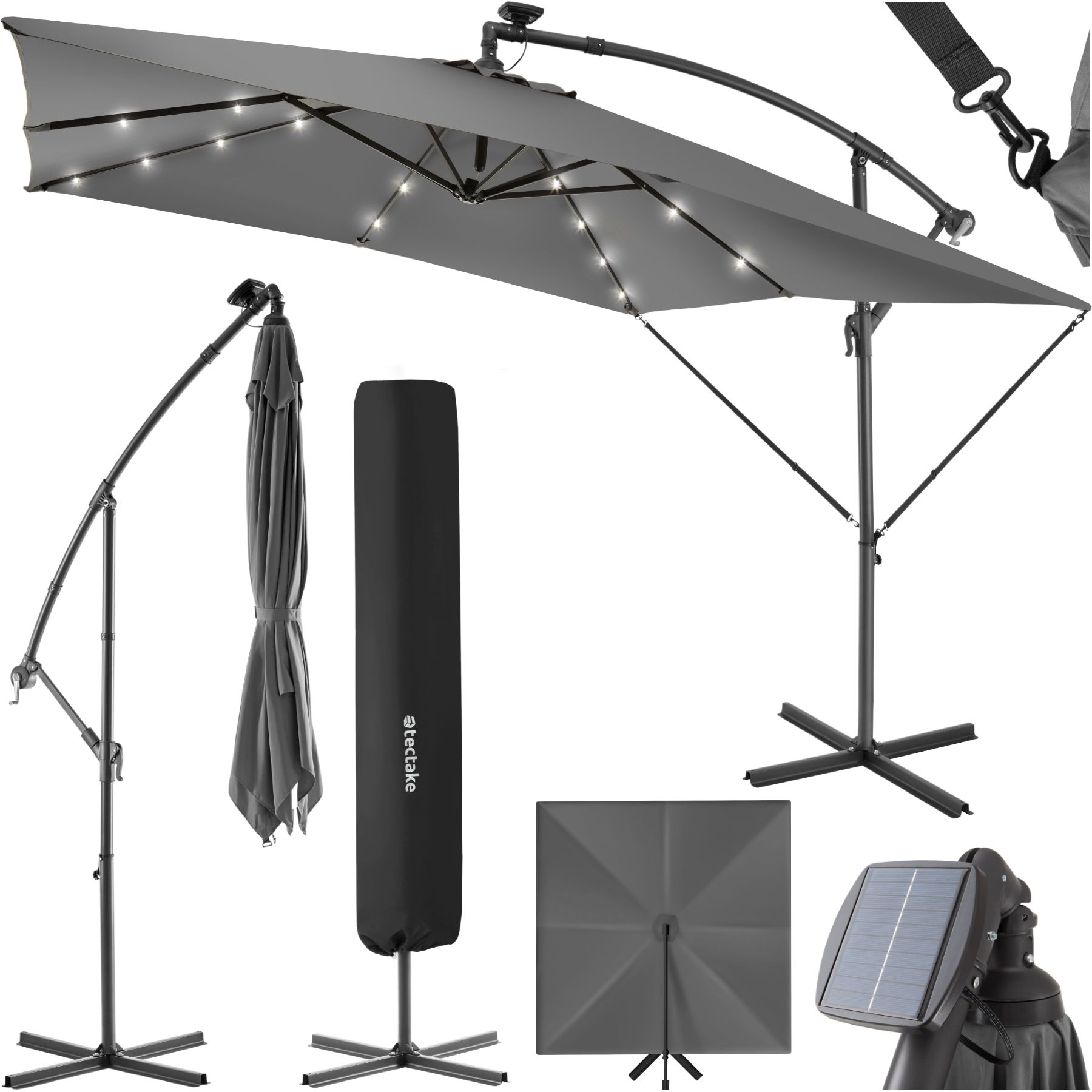 Parasol À Led Solaire Avec Manivelle 2,5 X M Hydrofuge Gris Clair