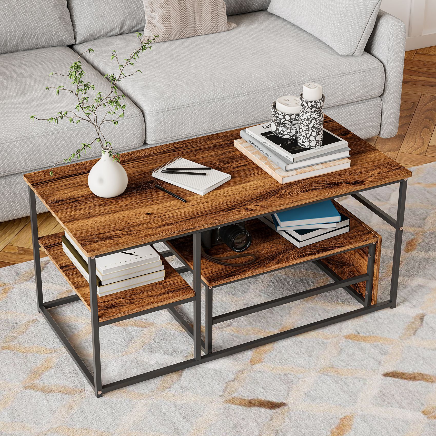Nmonet - Table Basse Gigognes Rectangulaire, Effet Bois Design Moderne Avec Cadre Métallique, Étagères, Lot De 2 Table Modulable Et Multifonctionnelle - Couleur Bois Et Noir