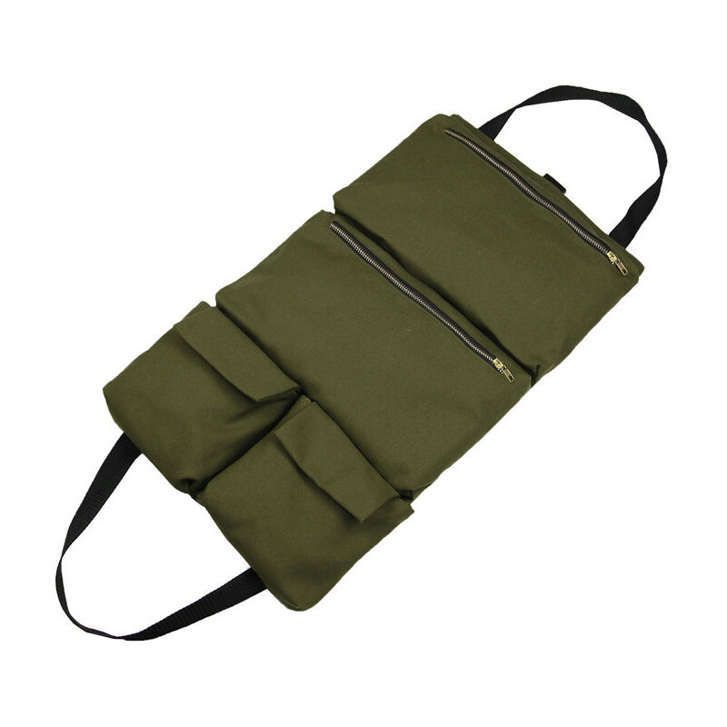 Trousse à outils enroulable en toile avec 2 poches zippées, 2 poignées, boucle de sécurité, vert
